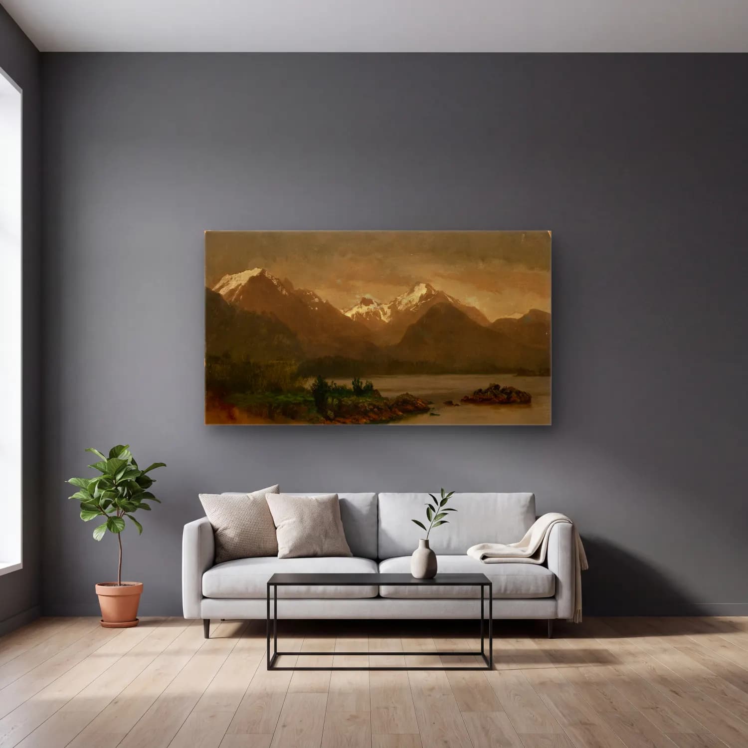 Albert Bierstadt – Untitled (mountains and lake) cam tablo — gri duvarlı salonda