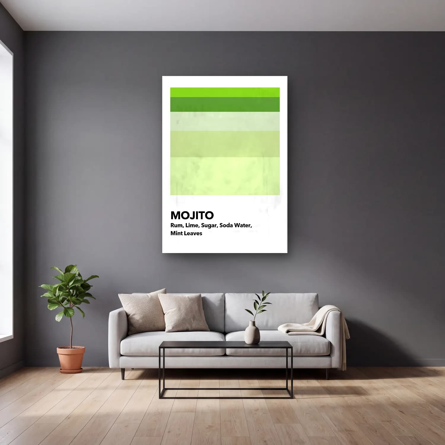 Retro Kokteyl No. 20 cam tablo — gri duvarlı salonda