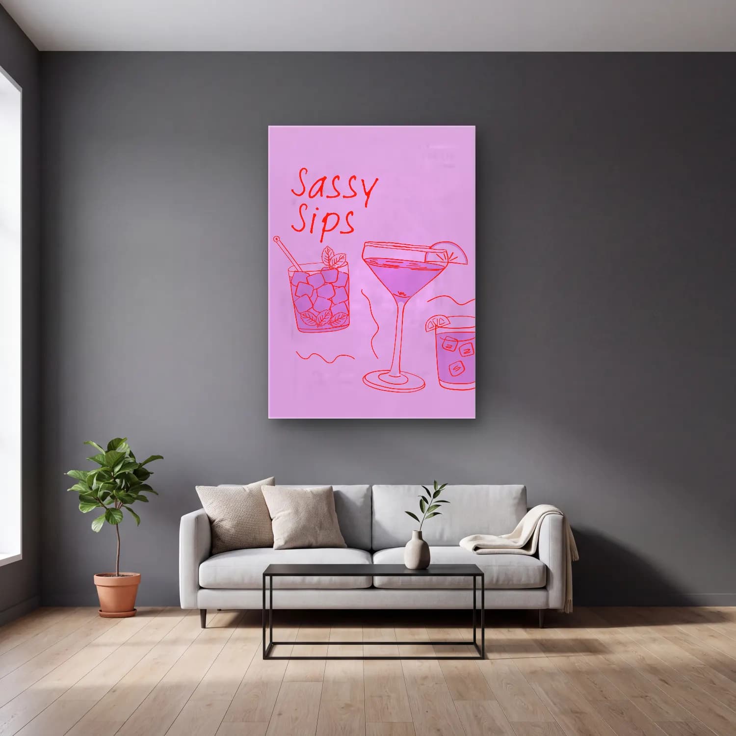 Pastel Kokteyl No. 21 cam tablo — gri duvarlı salonda