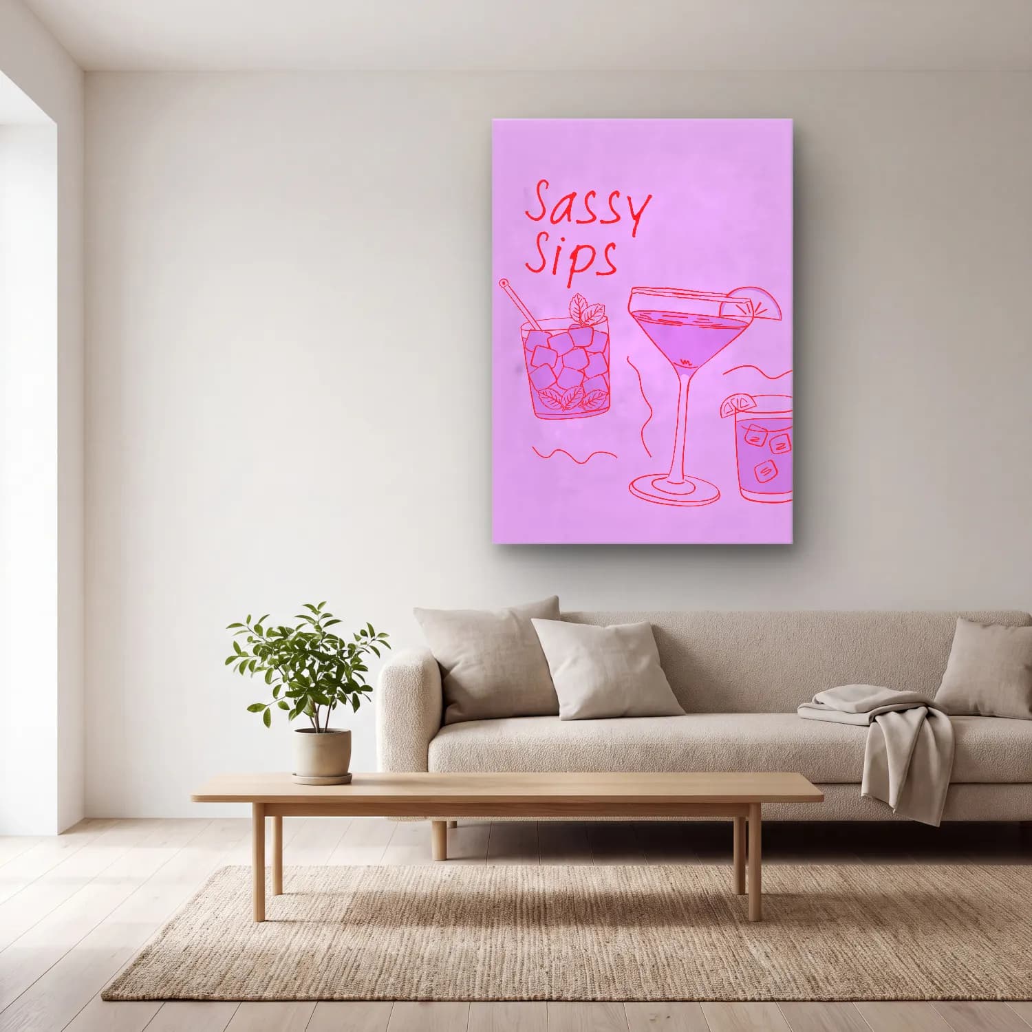 Pastel Kokteyl No. 21 cam tablo — açık renk salonda
