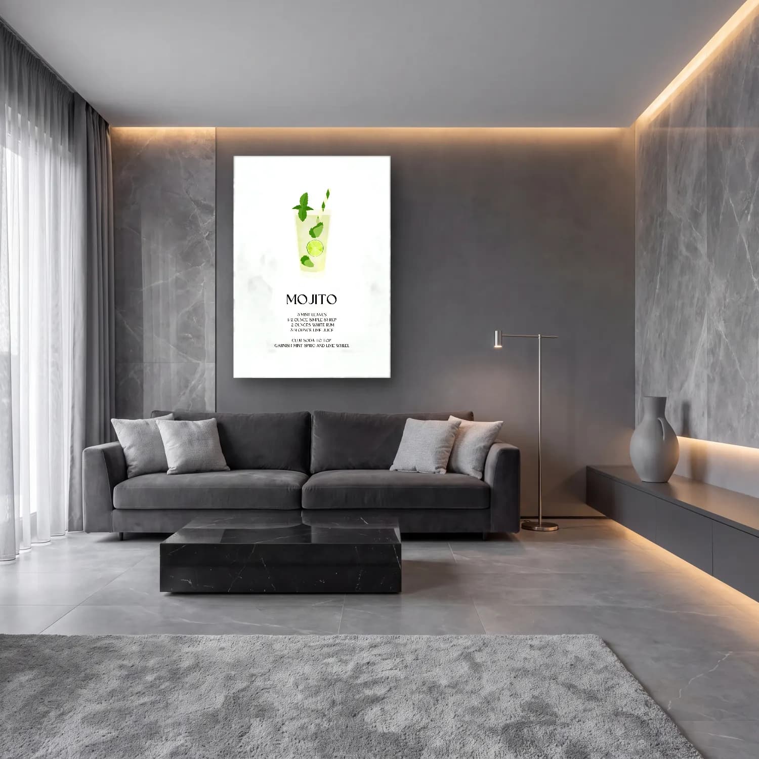 Botanik İllüstrasyon Kokteyl – Yeşil Tonlar cam tablo — lüks salon duvarında