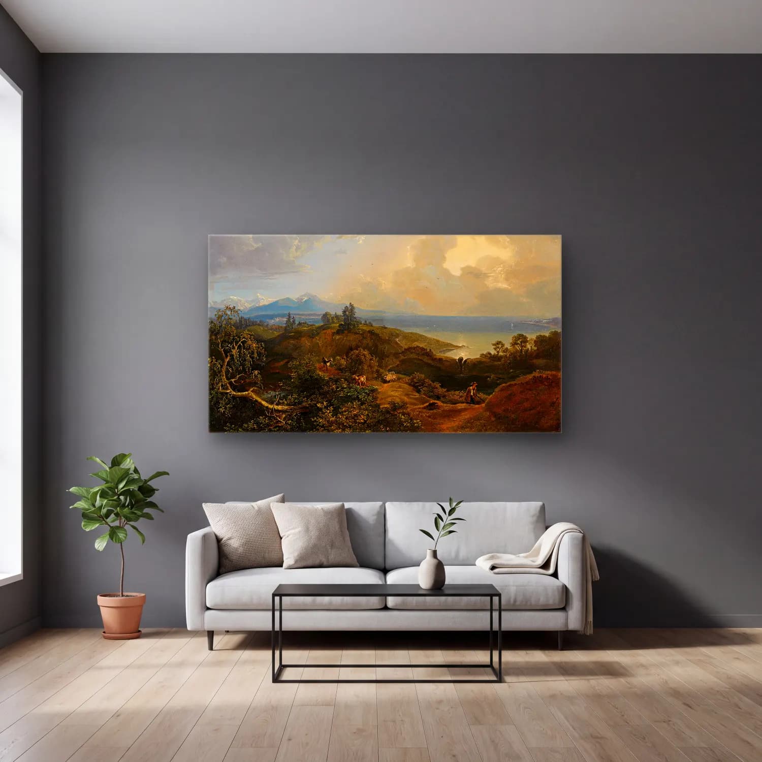 Carl Rottmann – An extensive landscape in Bavaria or the Salzkammergut cam tablo — gri duvarlı salonda