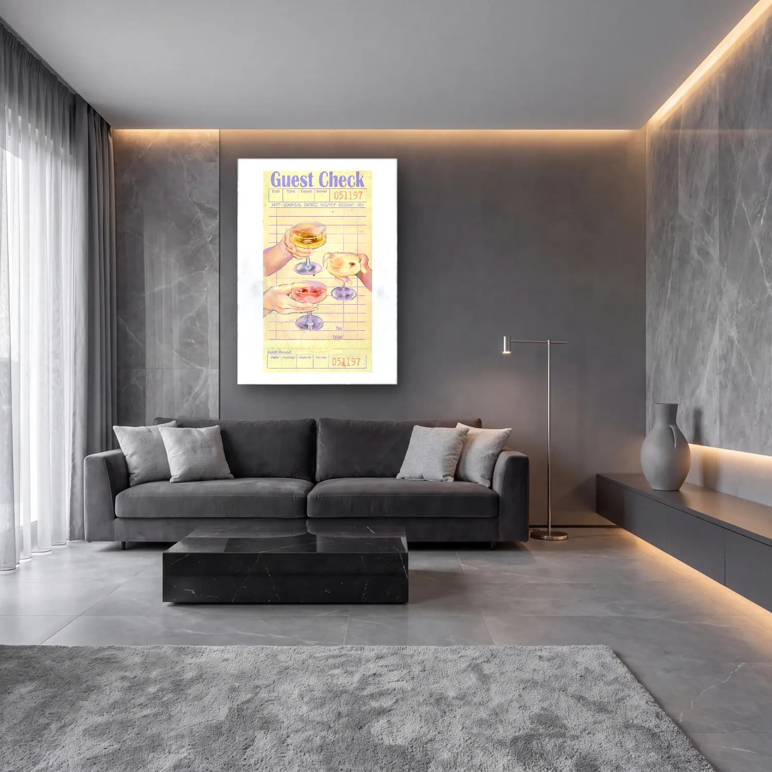 Pastel Kadeh Şarap No. 12 cam tablo — lüks salon duvarında