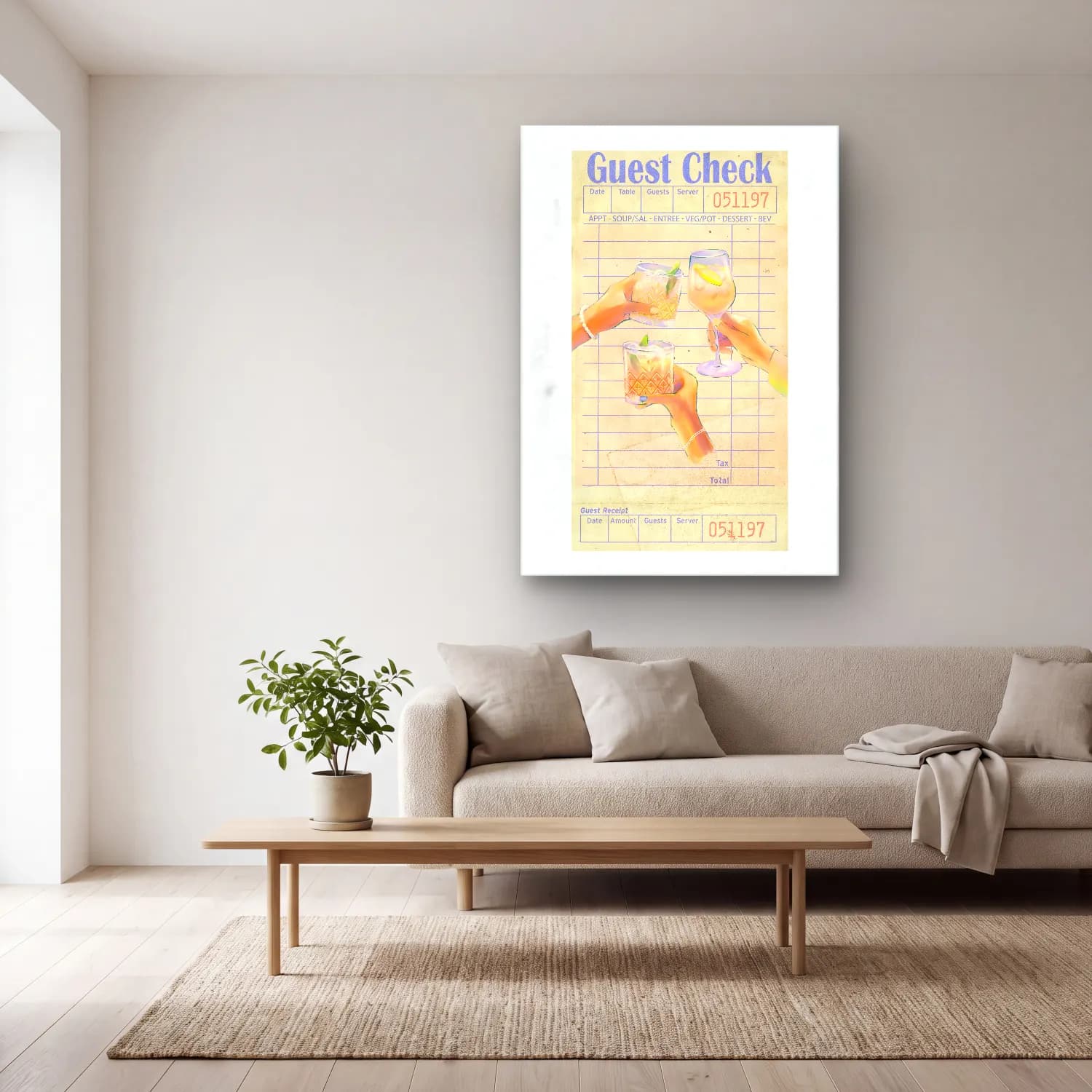 Vintage Poster Kokteyl No. 36 cam tablo — açık renk salonda