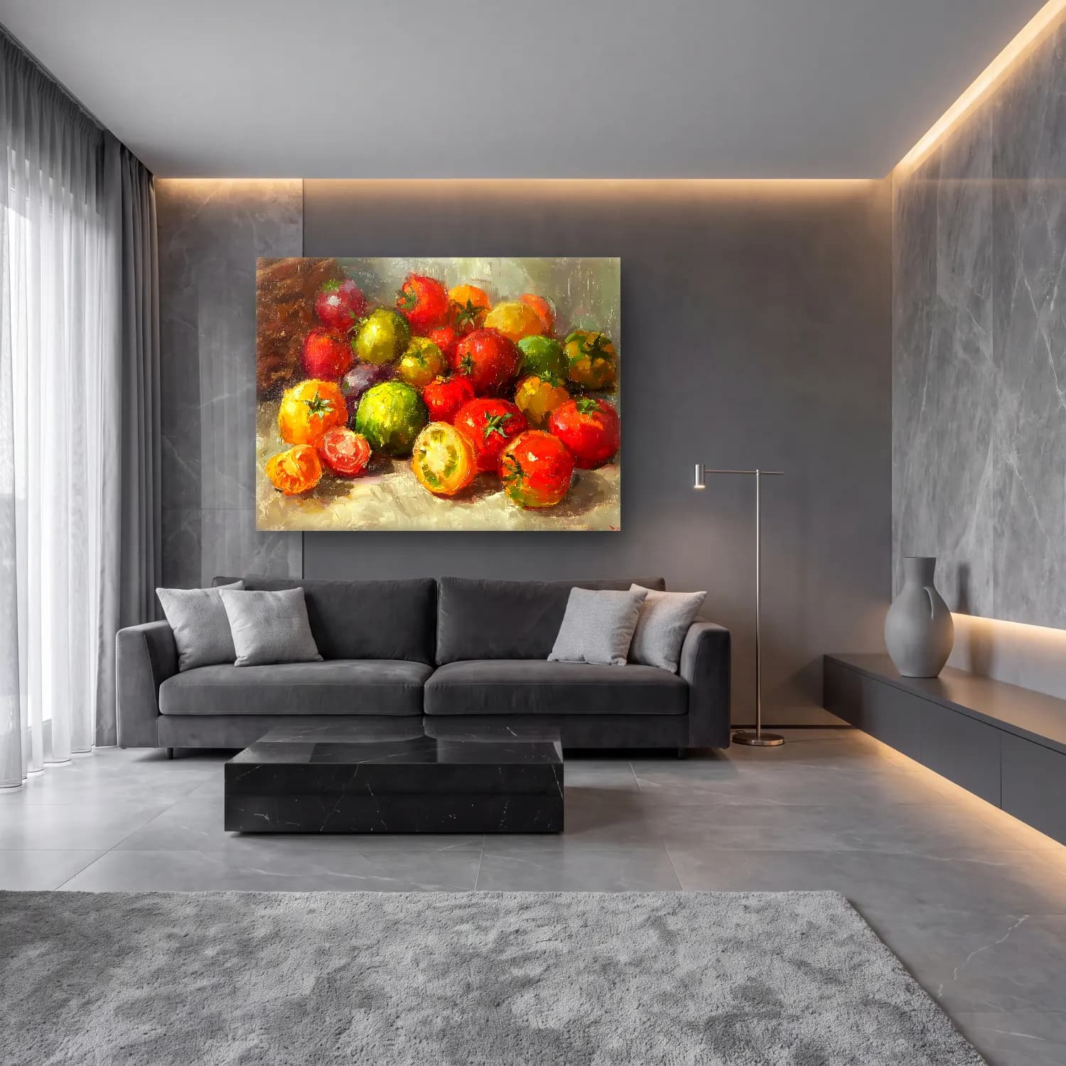 Yağlı Boya Sebzeler – Pastel Tonlar cam tablo — lüks salon duvarında