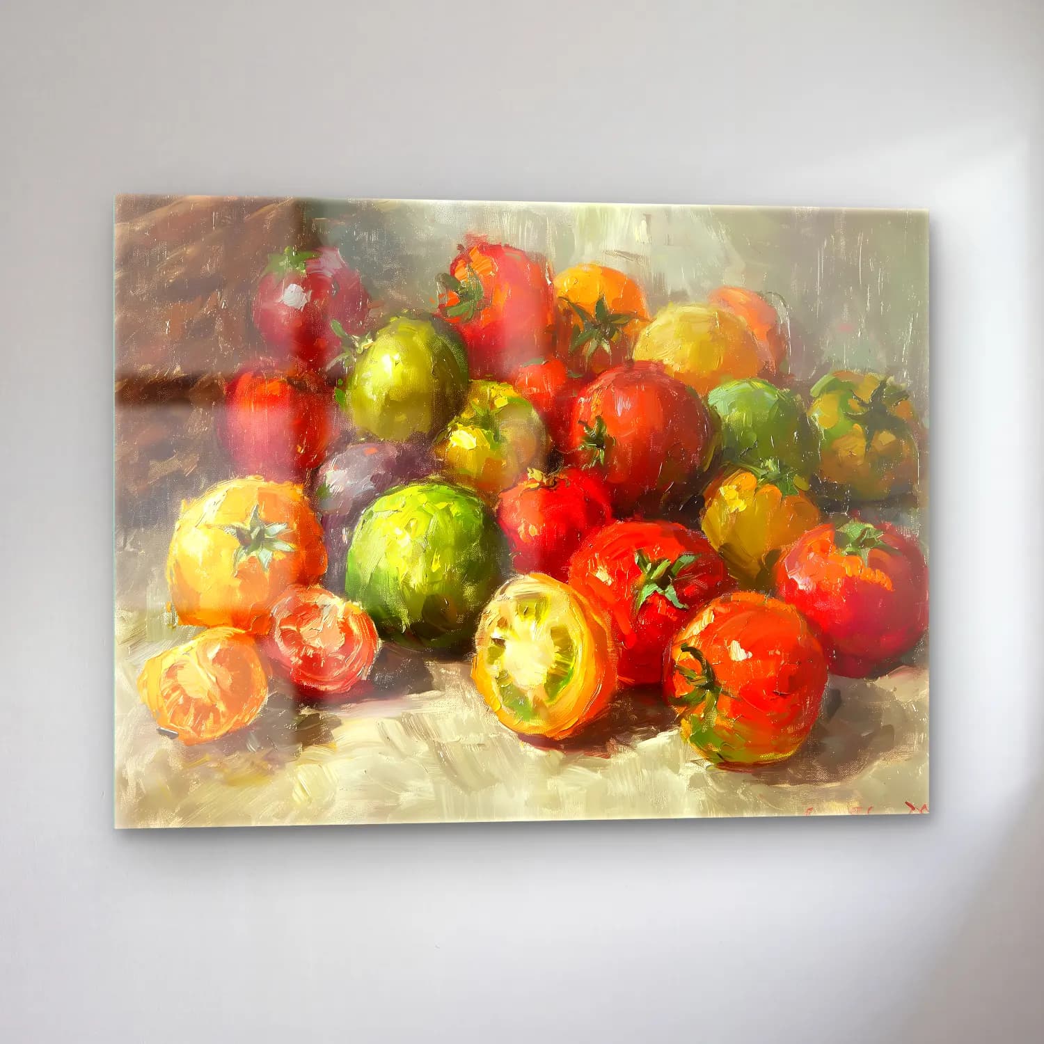 Yağlı Boya Sebzeler – Pastel Tonlar cam tablo — sol açıdan görünüm
