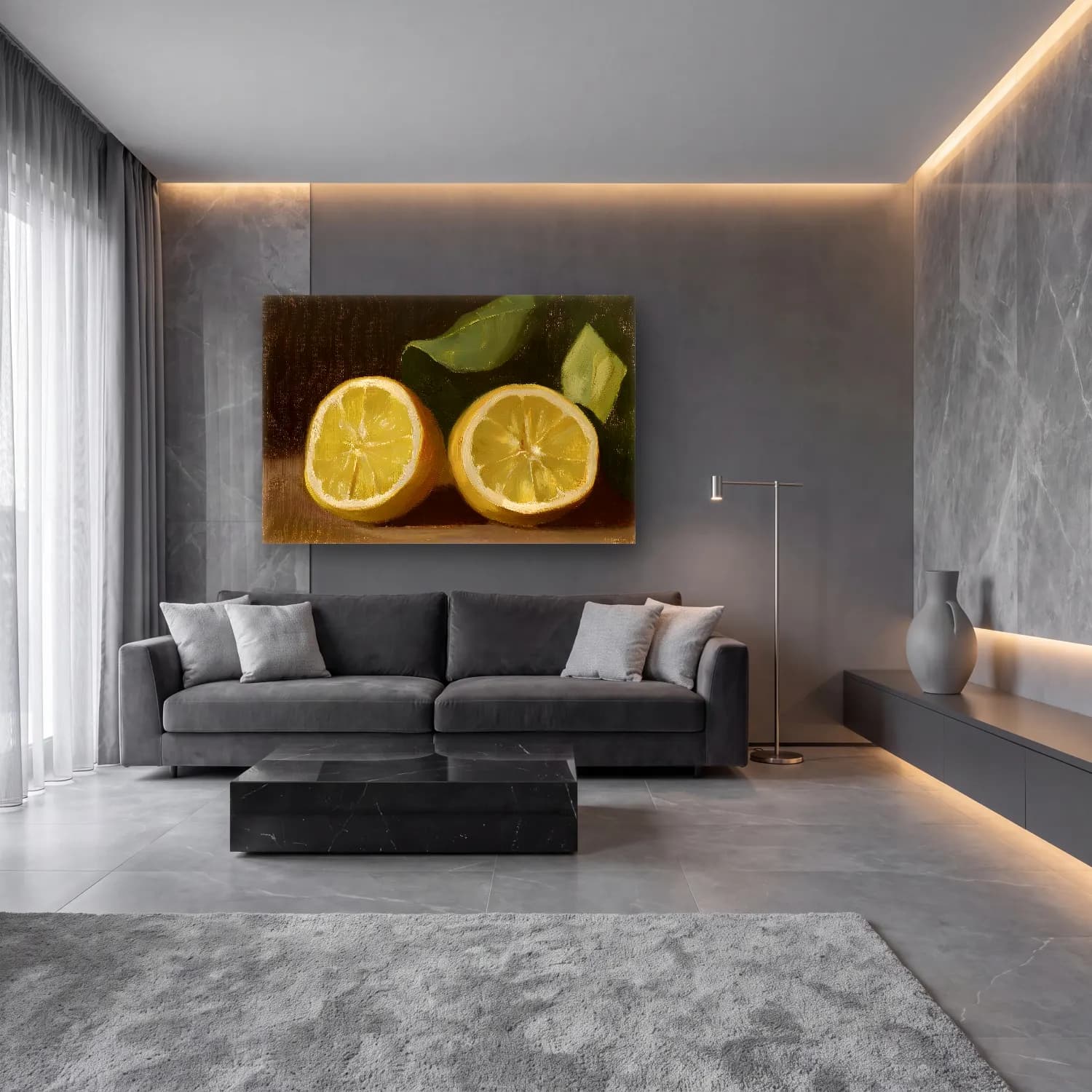 Yağlı Boya Limonlar No. 6 cam tablo — lüks salon duvarında
