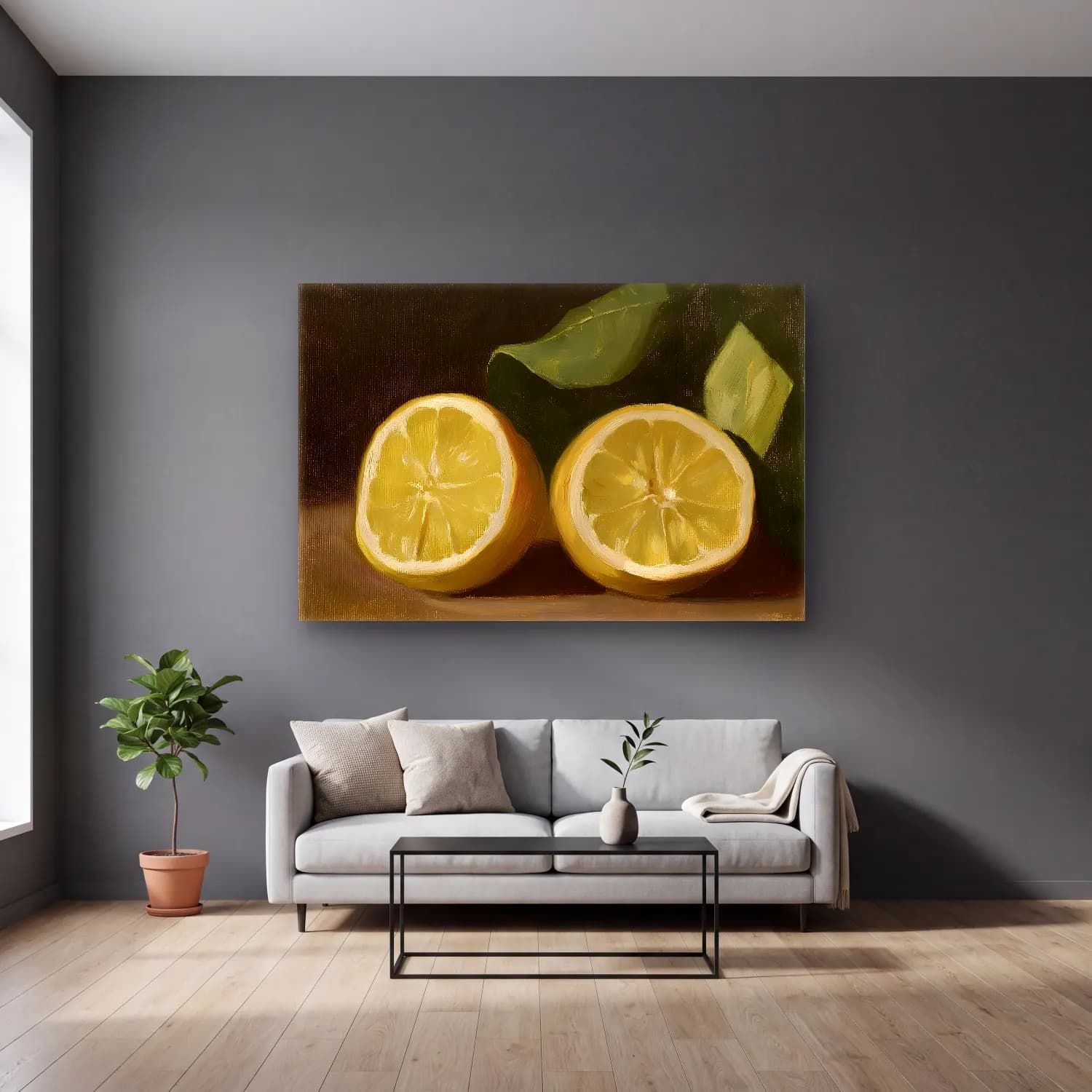 Yağlı Boya Limonlar No. 6 cam tablo — gri duvarlı salonda