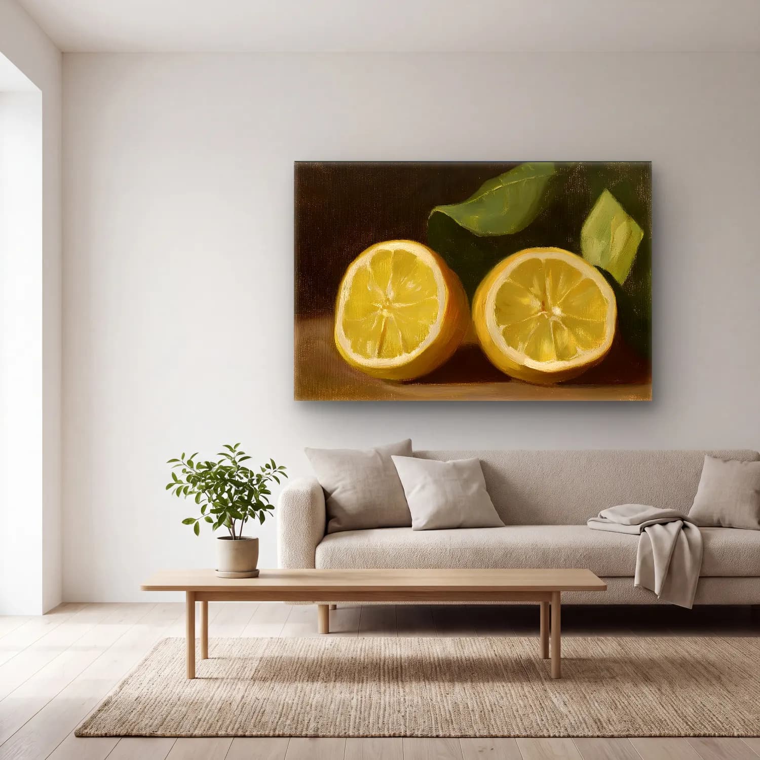 Yağlı Boya Limonlar No. 6 cam tablo — açık renk salonda