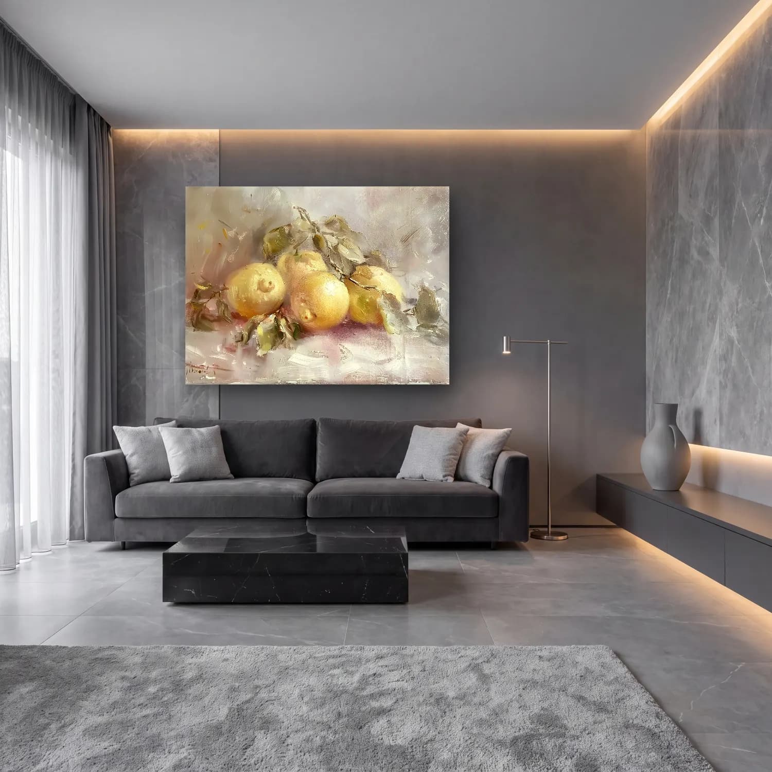 Yağlı Boya Limonlar No. 7 cam tablo — lüks salon duvarında