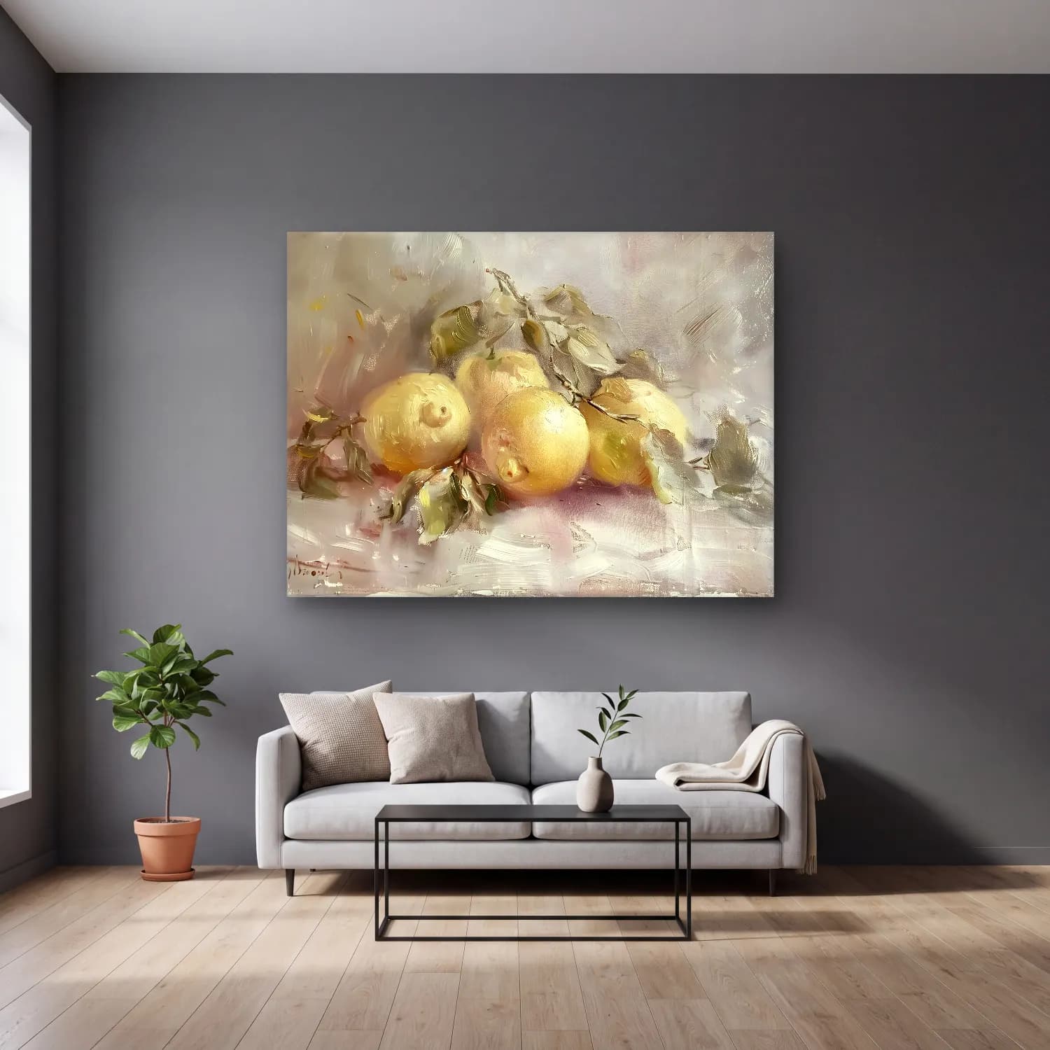Yağlı Boya Limonlar No. 7 cam tablo — gri duvarlı salonda