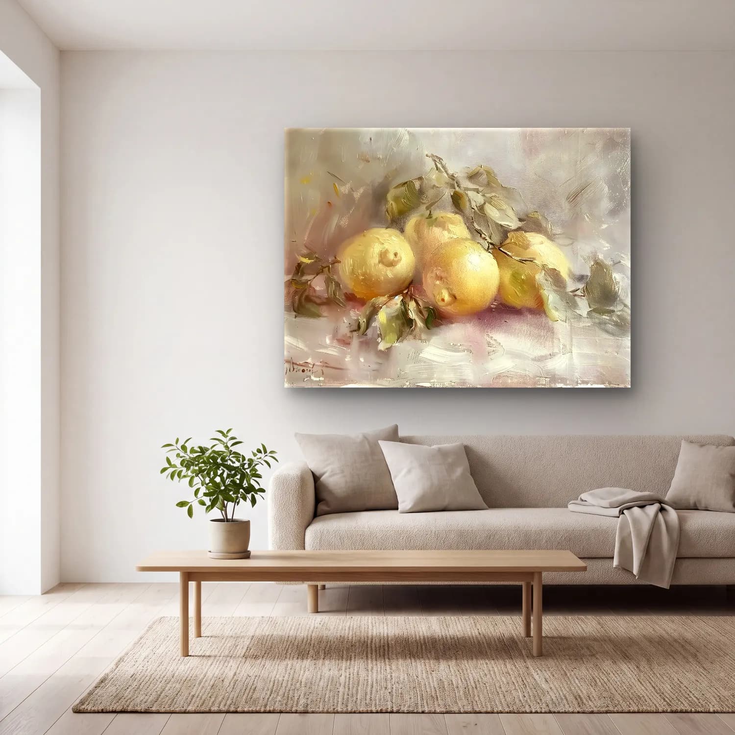 Yağlı Boya Limonlar No. 7 cam tablo — açık renk salonda