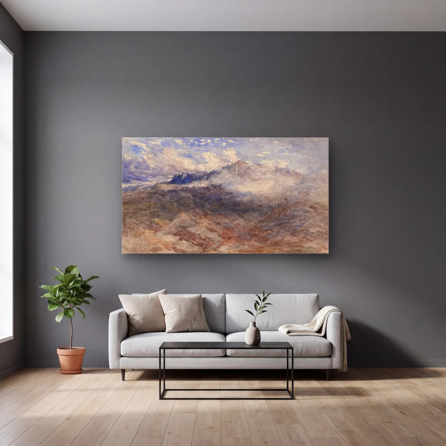 David Cox – Mountain Heights, Cader Idris cam tablo — gri duvarlı salonda