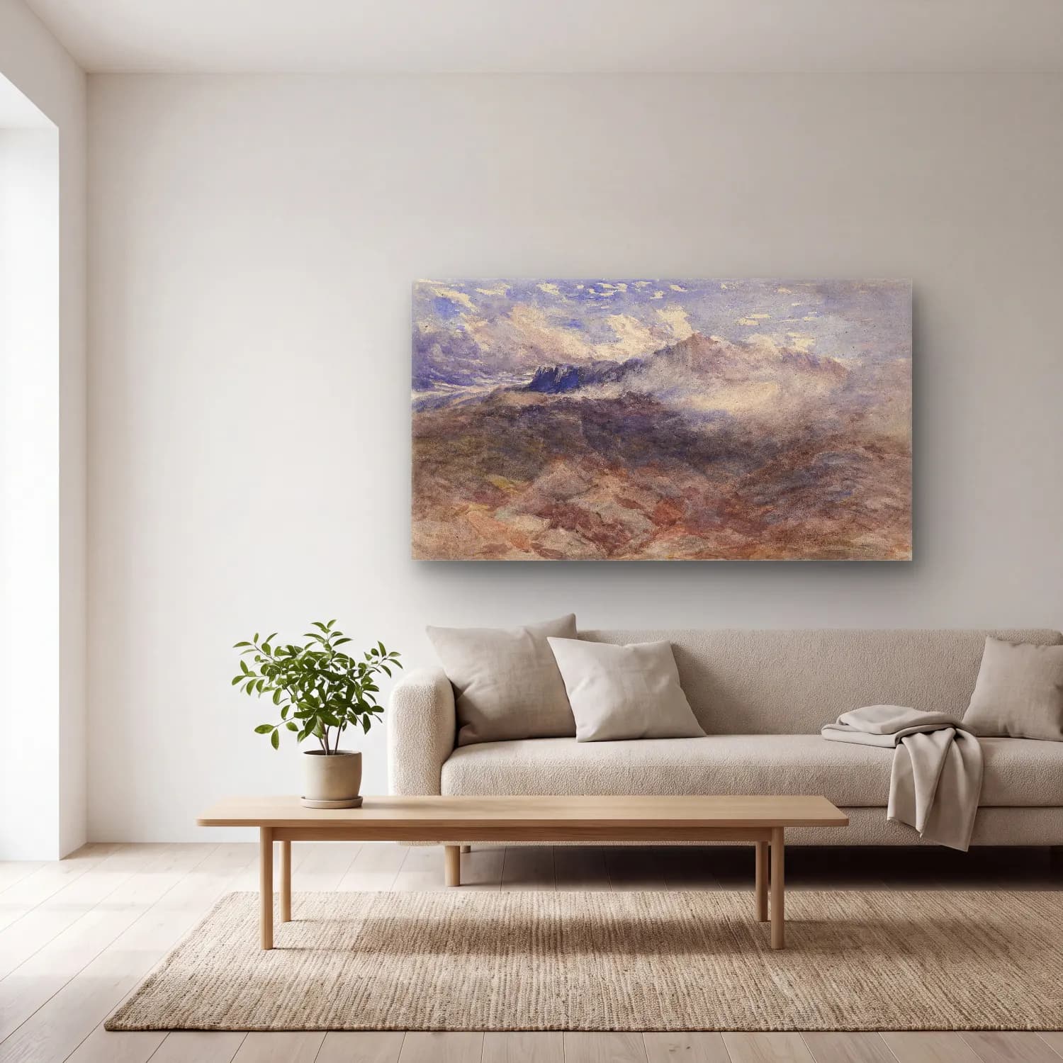 David Cox – Mountain Heights, Cader Idris cam tablo — açık renk salonda