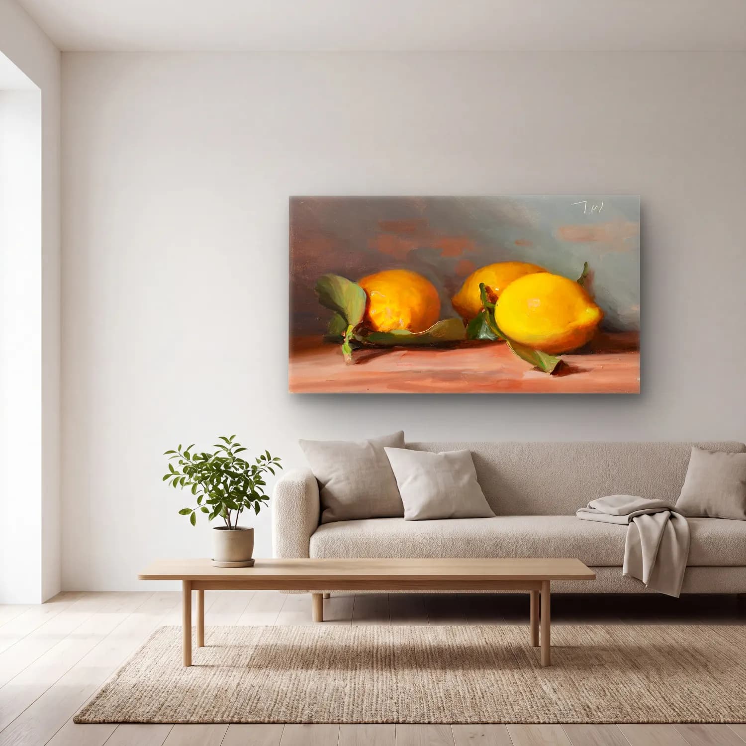 Yağlı Boya Limonlar No. 8 cam tablo — açık renk salonda