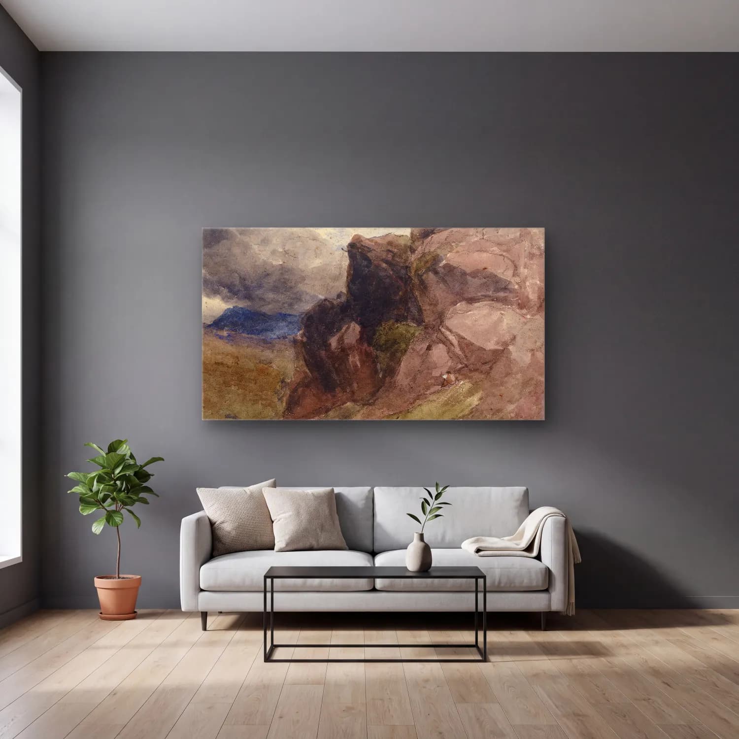 David Cox – Rocky landscape in Wales with figure drawing in the… cam tablo — gri duvarlı salonda