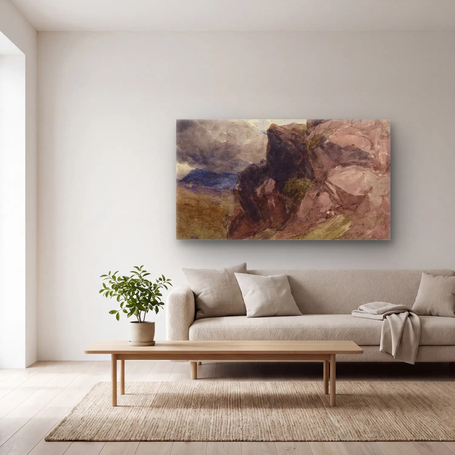 David Cox – Rocky landscape in Wales with figure drawing in the… cam tablo — açık renk salonda