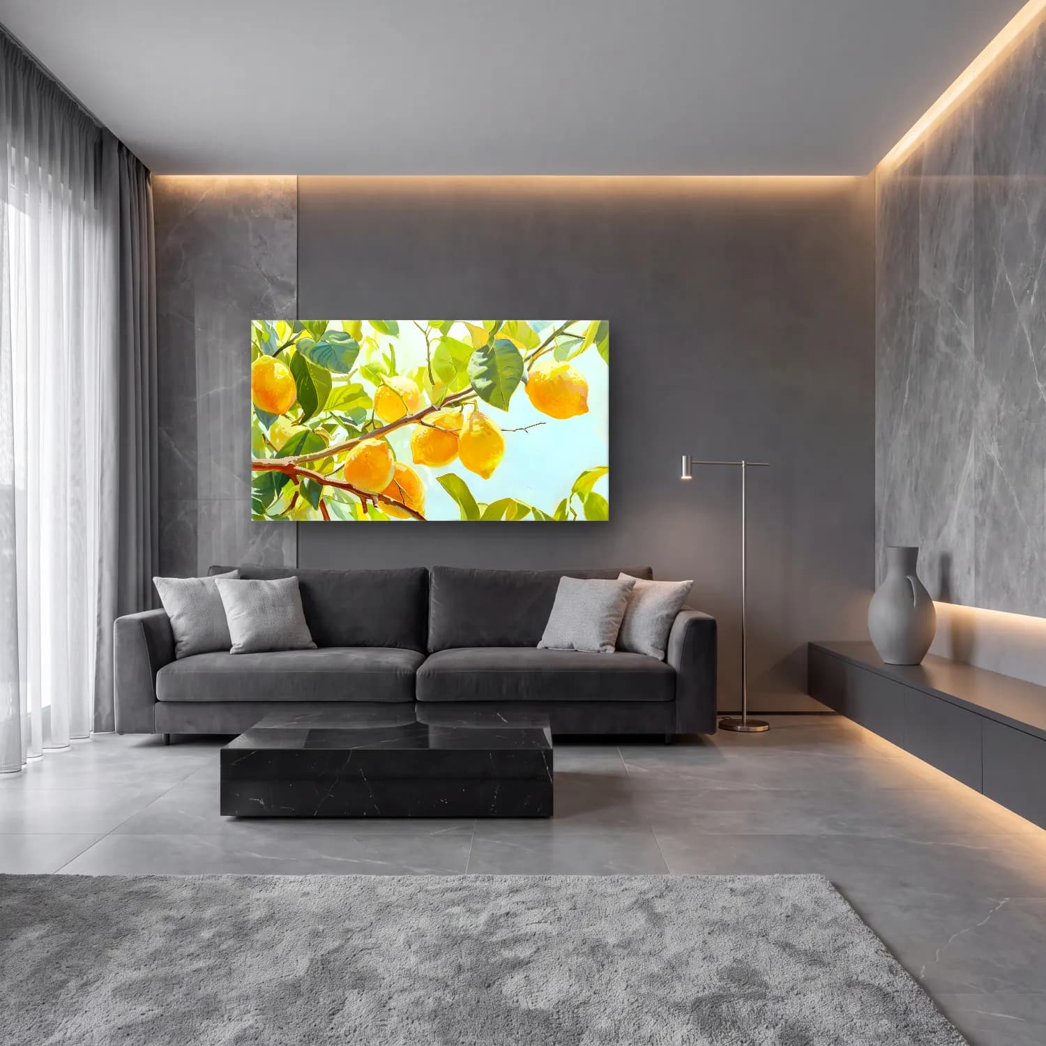 Yağlı Boya Limon Dalı cam tablo — lüks salon duvarında