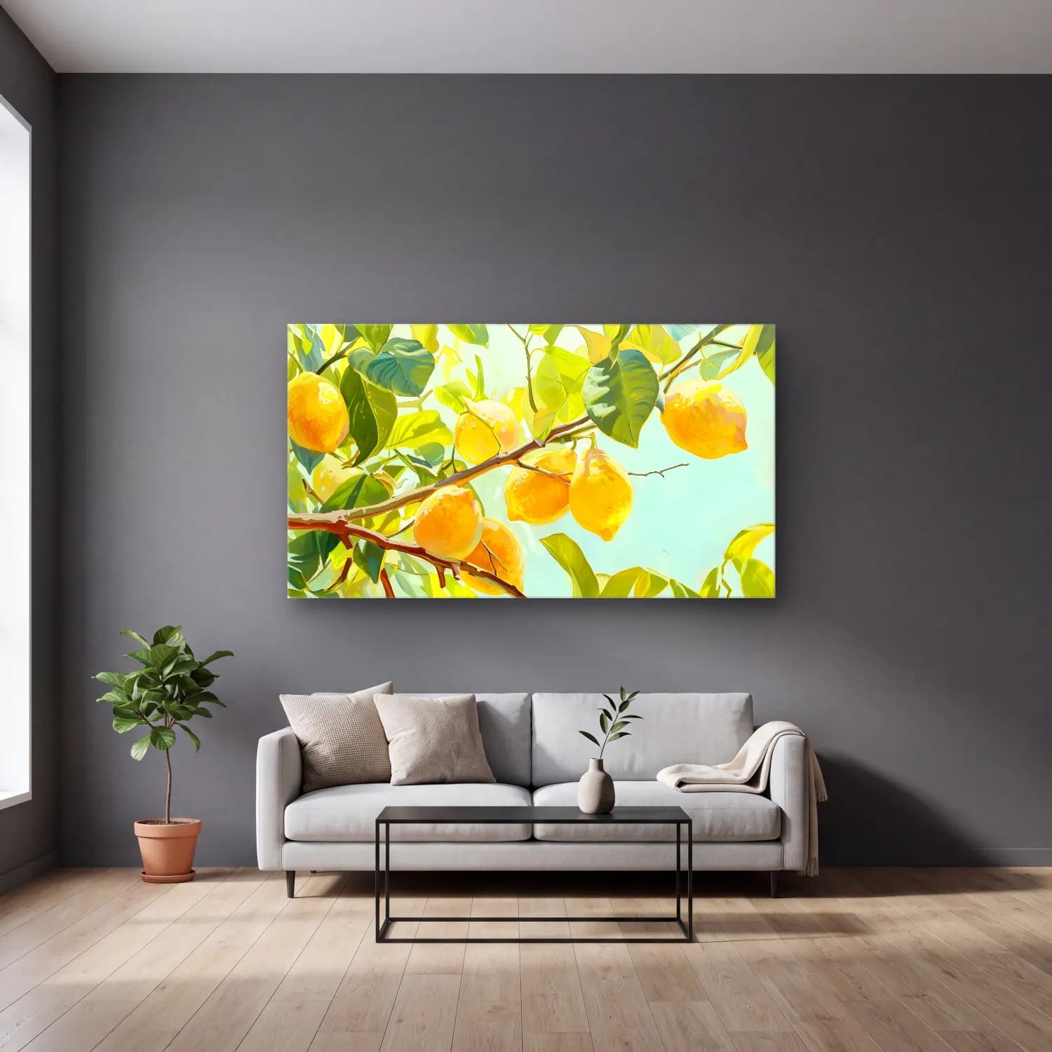 Yağlı Boya Limon Dalı cam tablo — gri duvarlı salonda