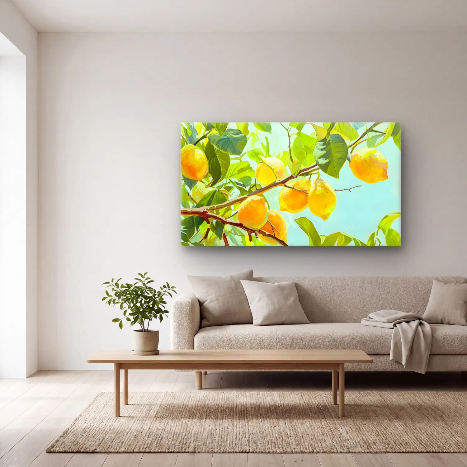 Yağlı Boya Limon Dalı cam tablo — açık renk salonda
