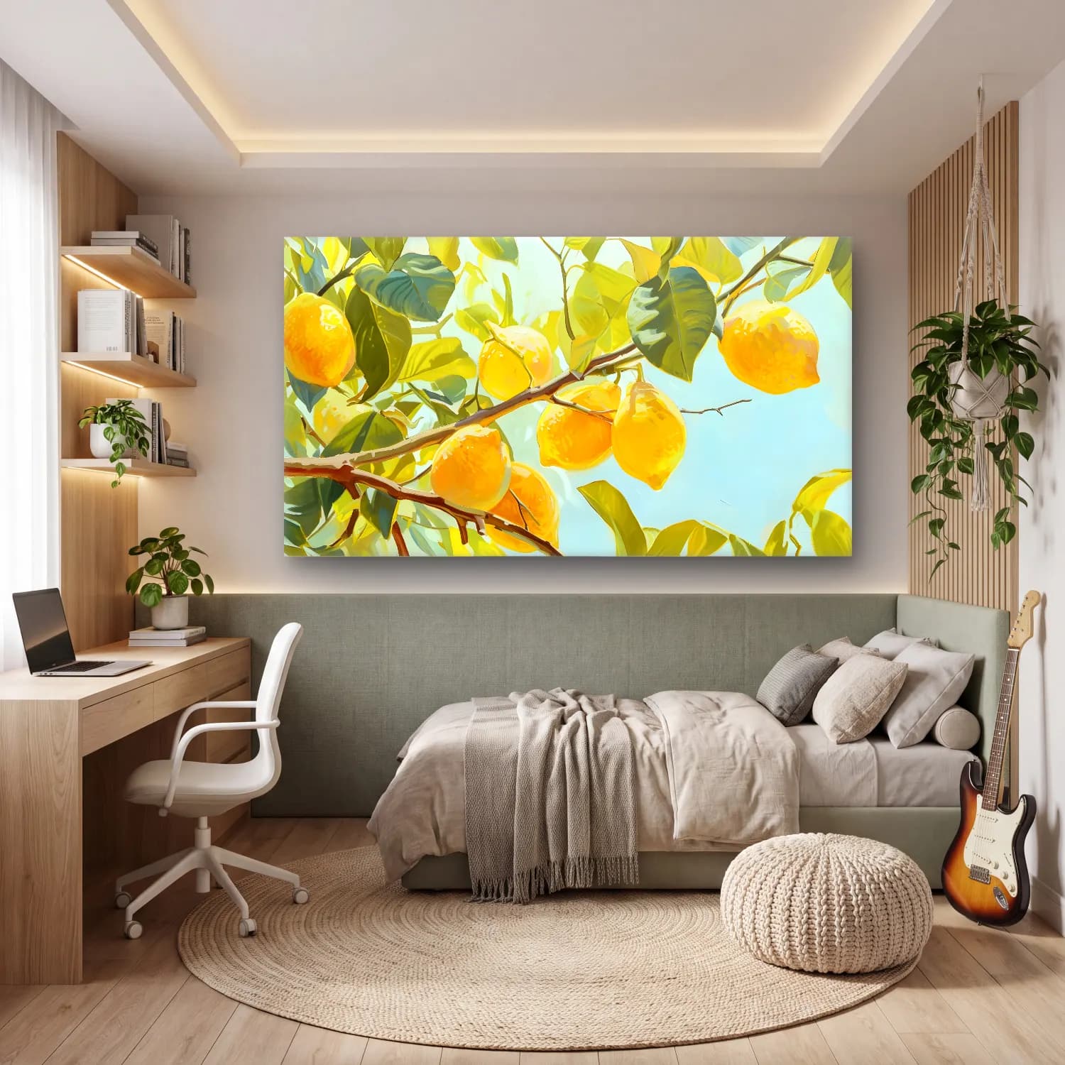 Yağlı Boya Limon Dalı cam tablo — genç odasında