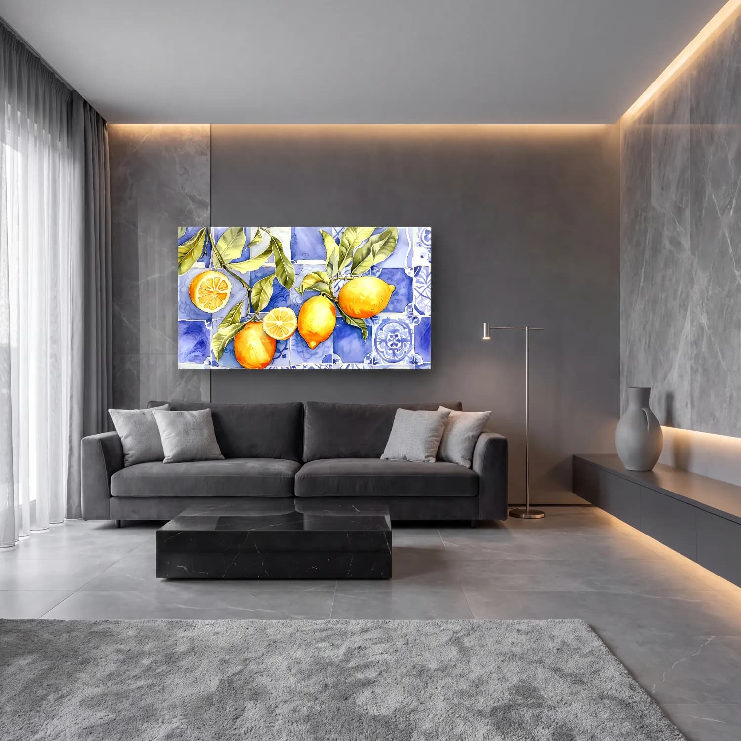 Suluboya Limonlar No. 3 cam tablo — lüks salon duvarında