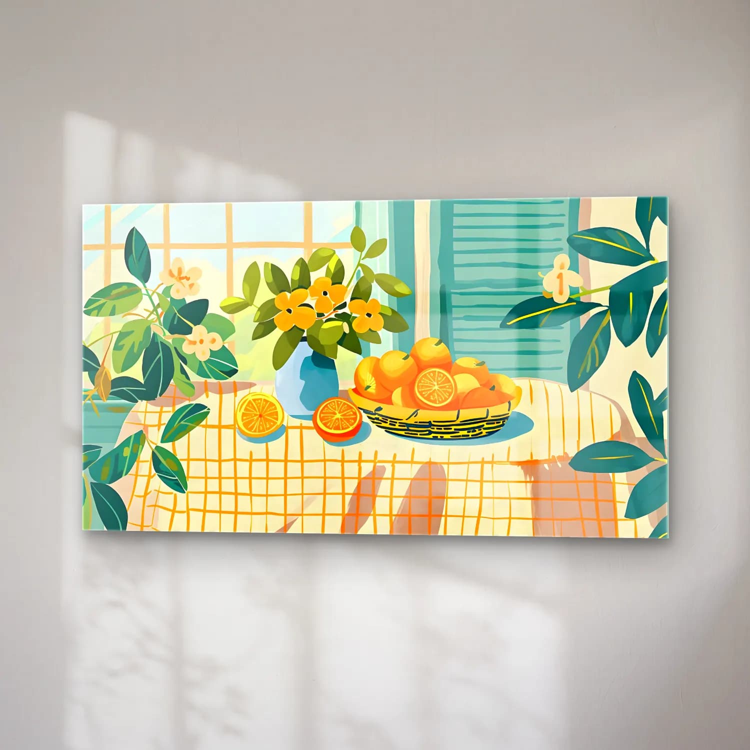 Sevimli İllüstrasyon Portakallar No. 2 cam tablo — sağ açıdan görünüm