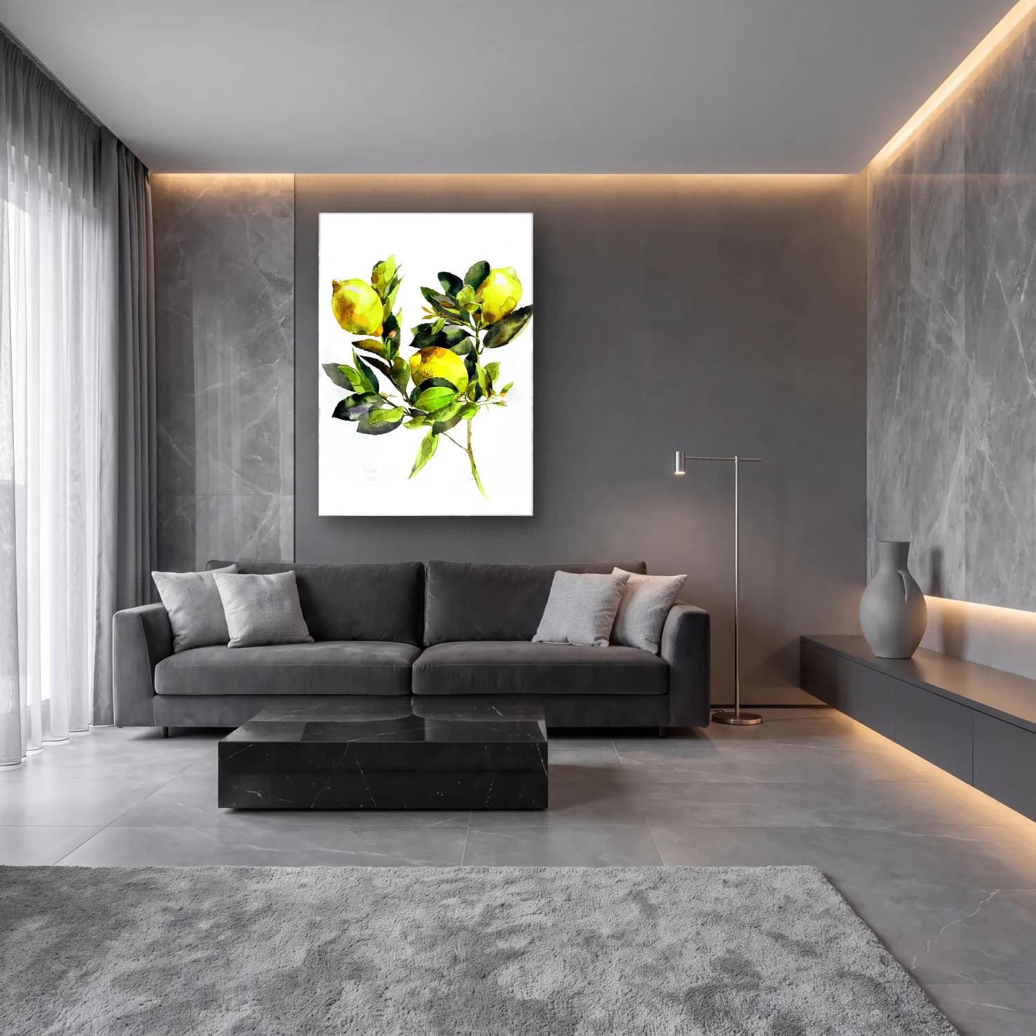 Suluboya Limon Dalı – Sarı Tonlar cam tablo — lüks salon duvarında