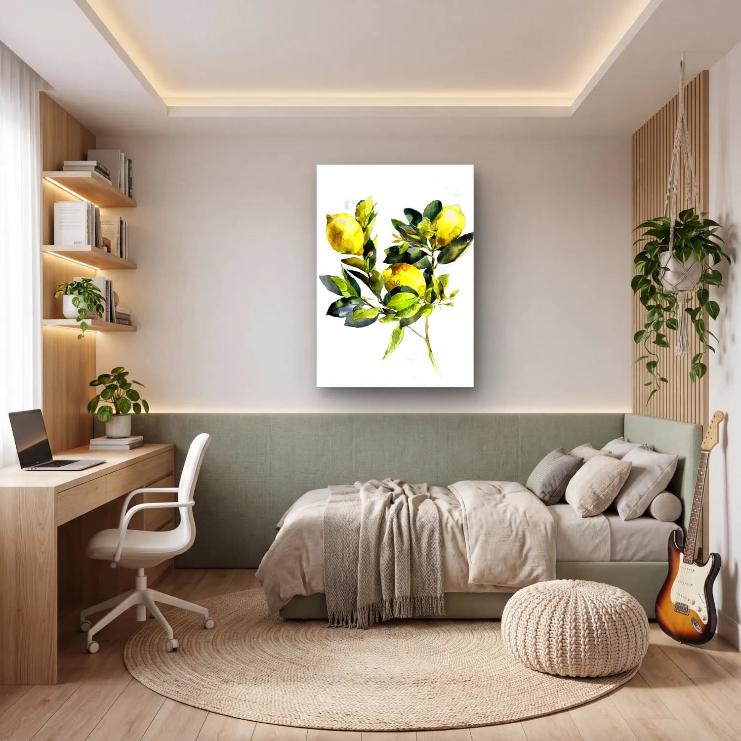 Suluboya Limon Dalı – Sarı Tonlar cam tablo — genç odasında