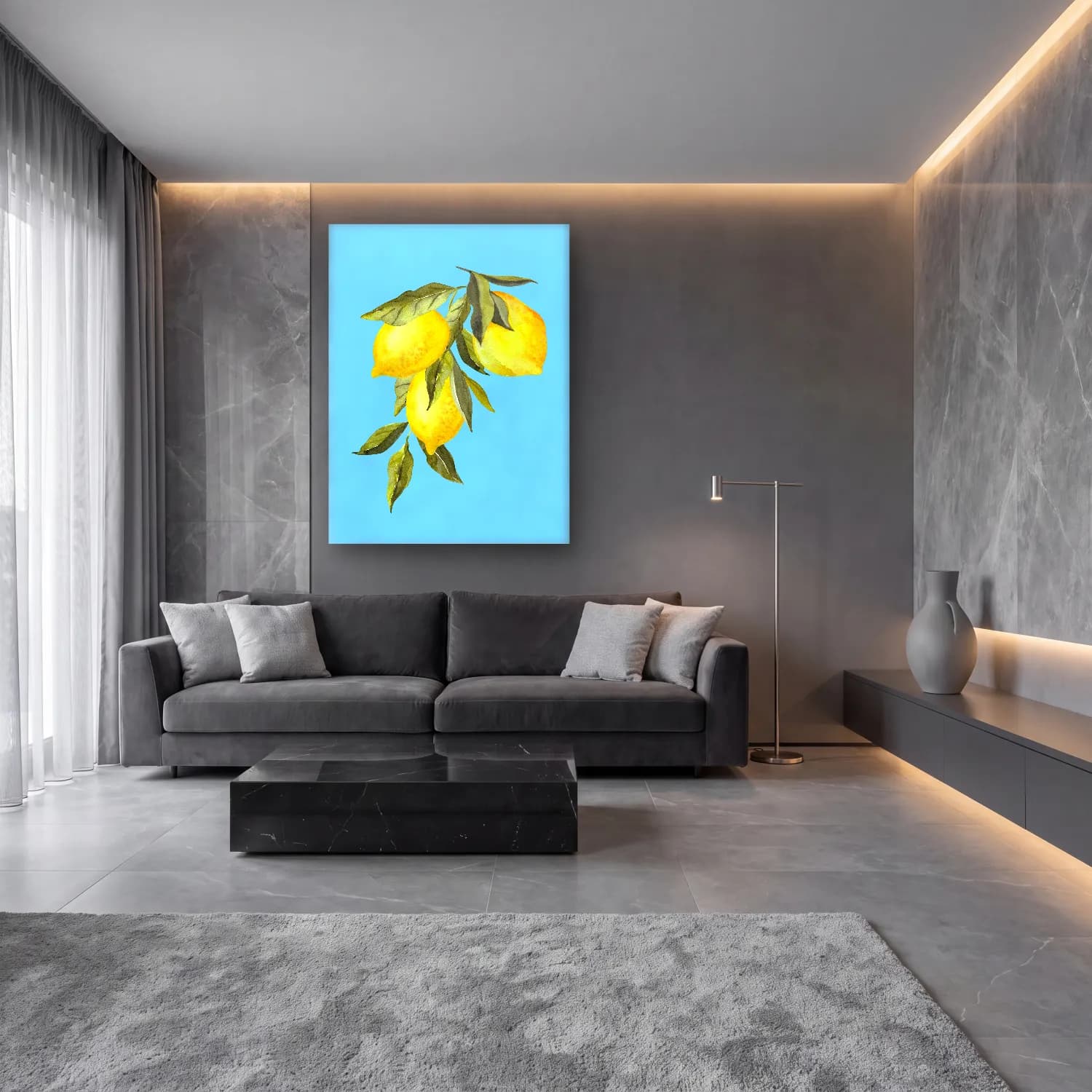 Botanik İllüstrasyon Limon Dalı No. 8 cam tablo — lüks salon duvarında