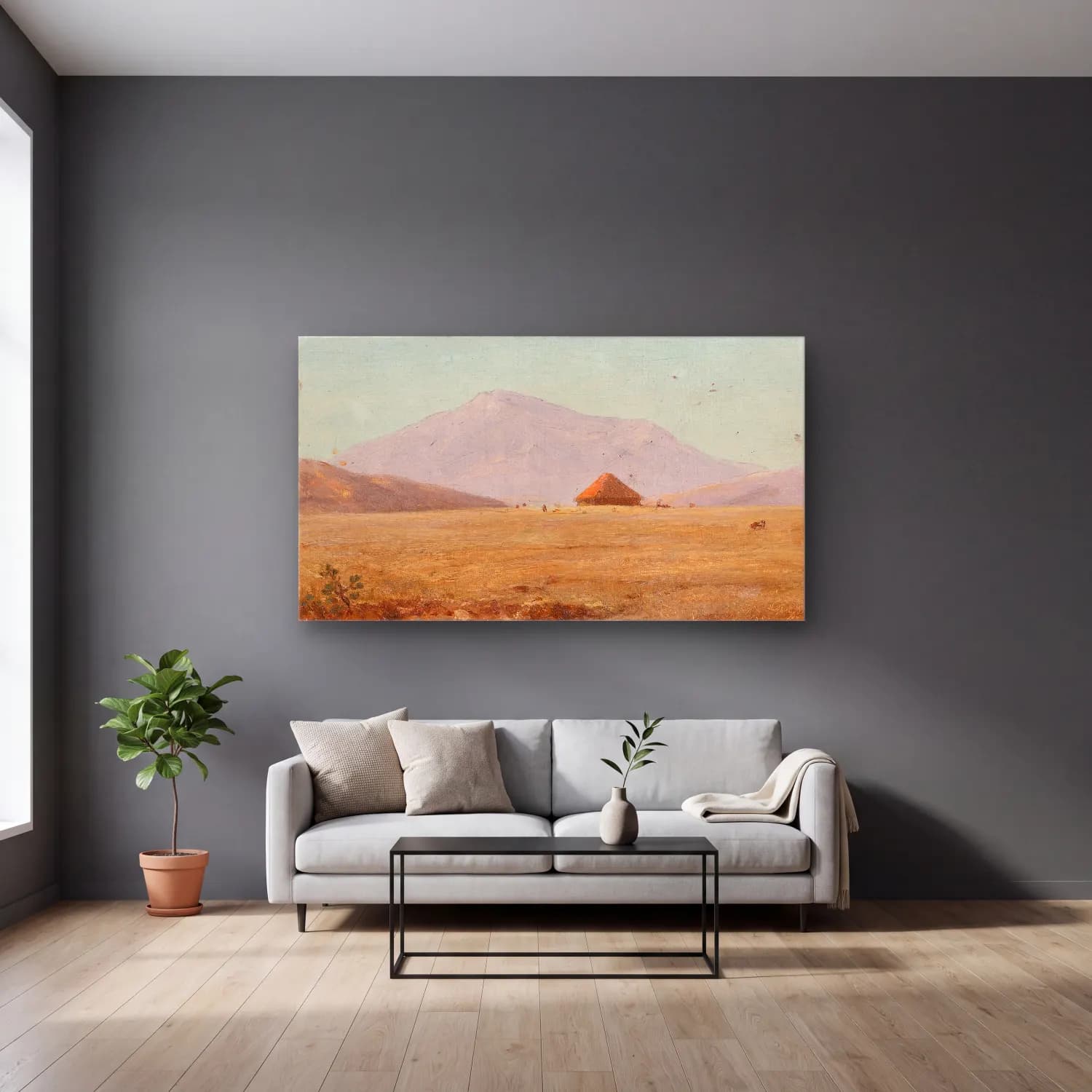 Frederic Edwin Church – Ecuador, mountain plateau with hut cam tablo — gri duvarlı salonda