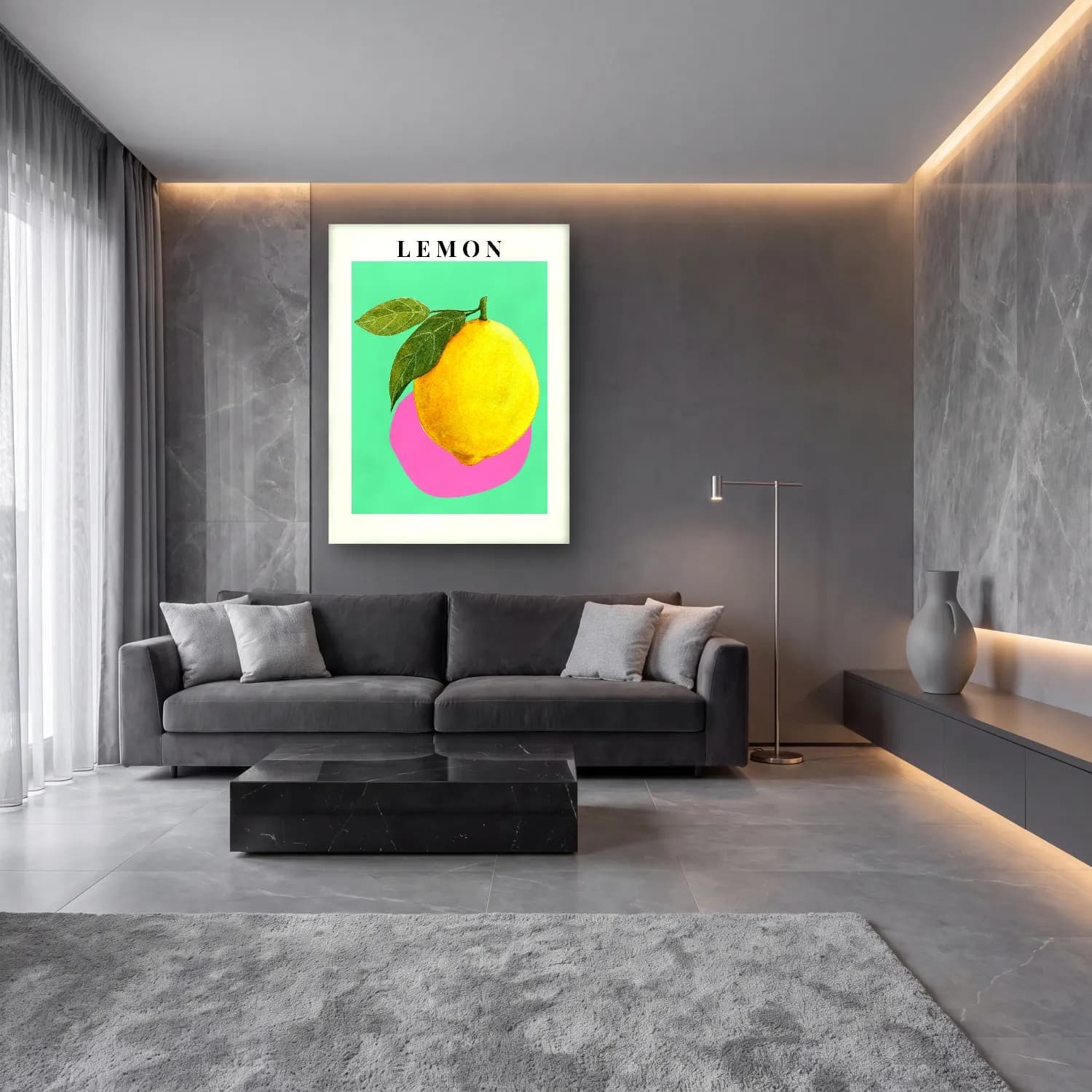 Pastel Limon Dalı – Sarı Tonlar cam tablo — lüks salon duvarında