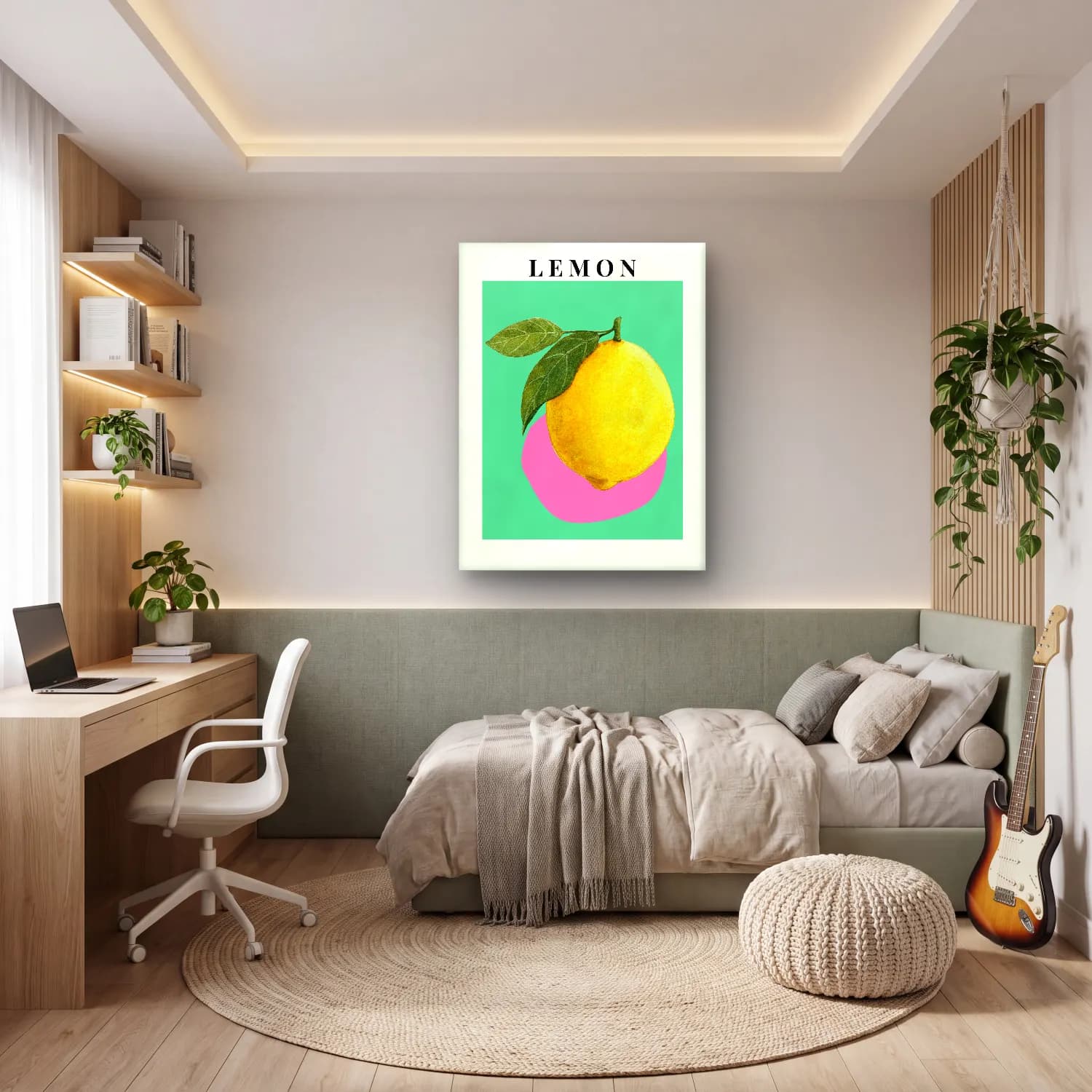 Pastel Limon Dalı – Sarı Tonlar cam tablo — genç odasında