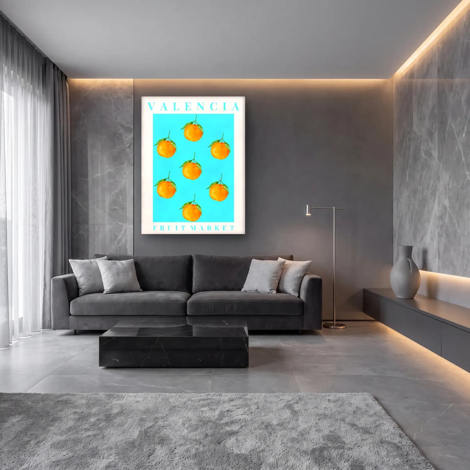Pastel Portakallar No. 4 cam tablo — lüks salon duvarında