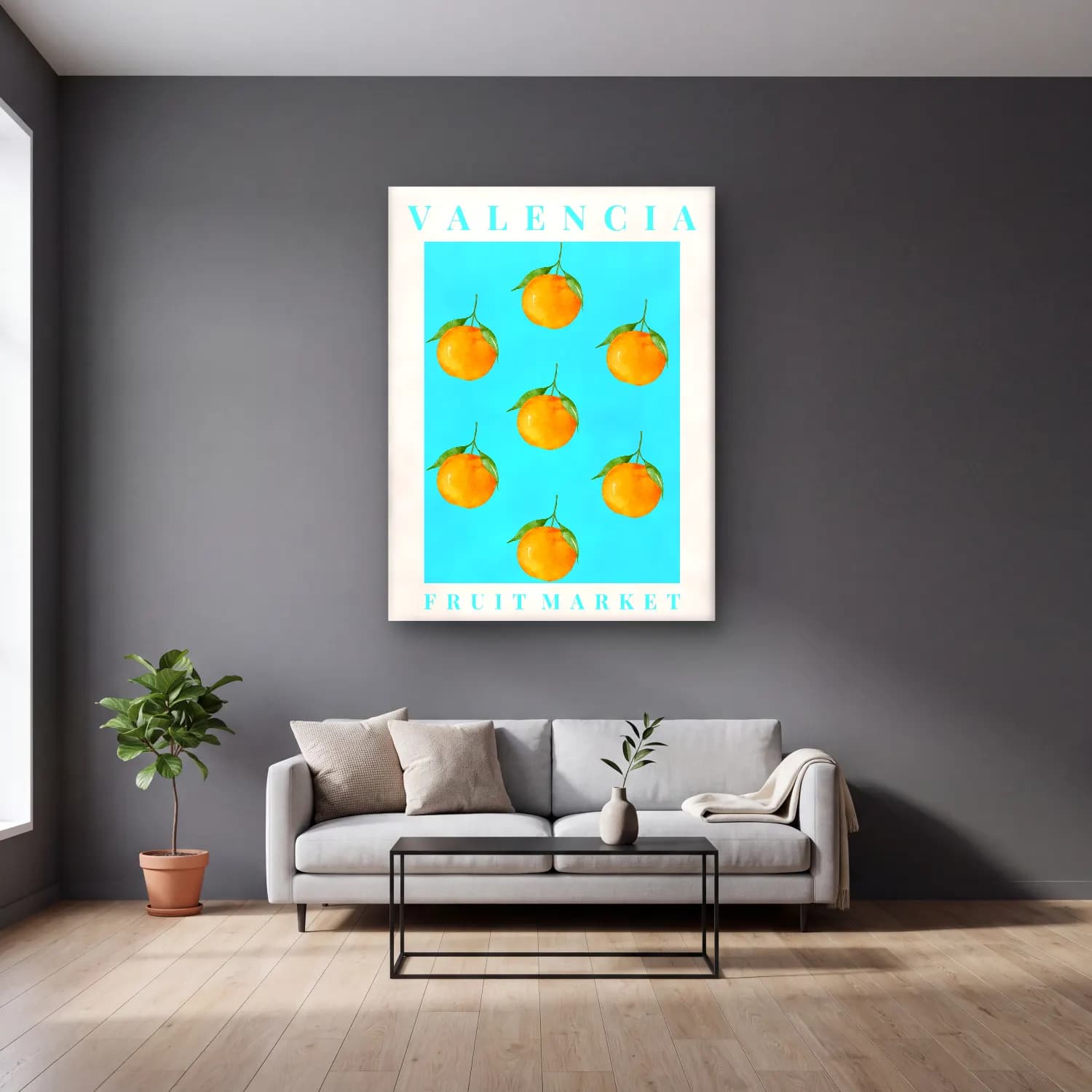 Pastel Portakallar No. 4 cam tablo — gri duvarlı salonda