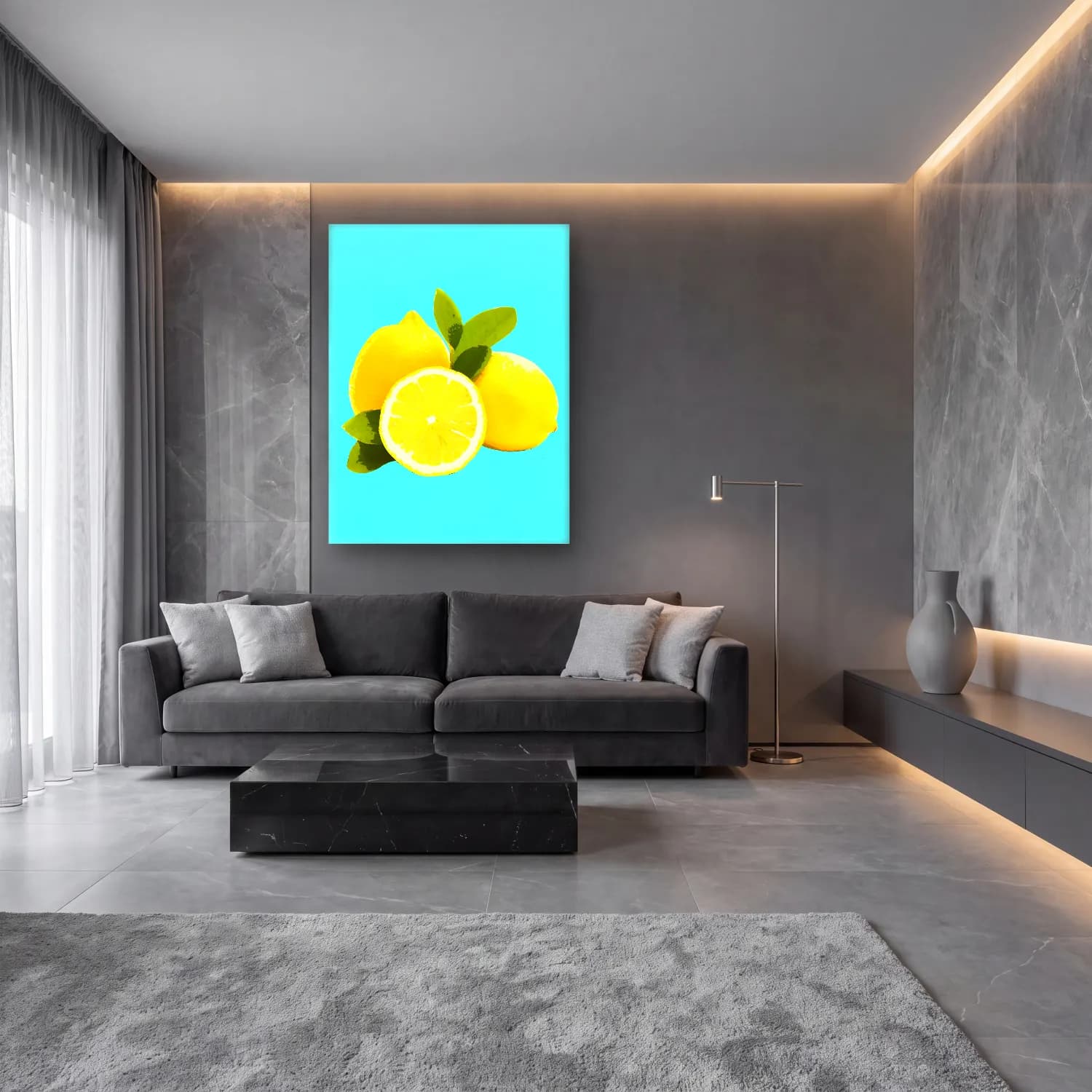 Pastel Limonlar No. 9 cam tablo — lüks salon duvarında
