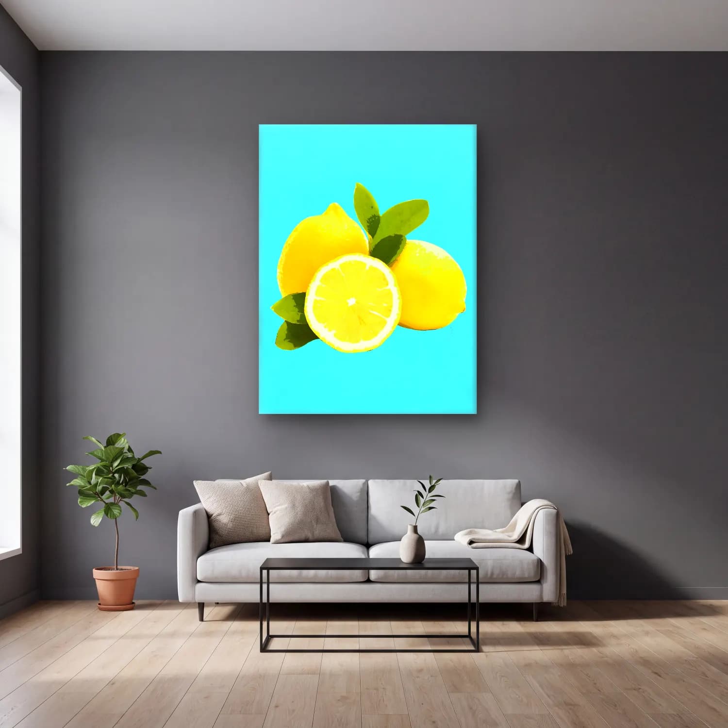 Pastel Limonlar No. 9 cam tablo — gri duvarlı salonda