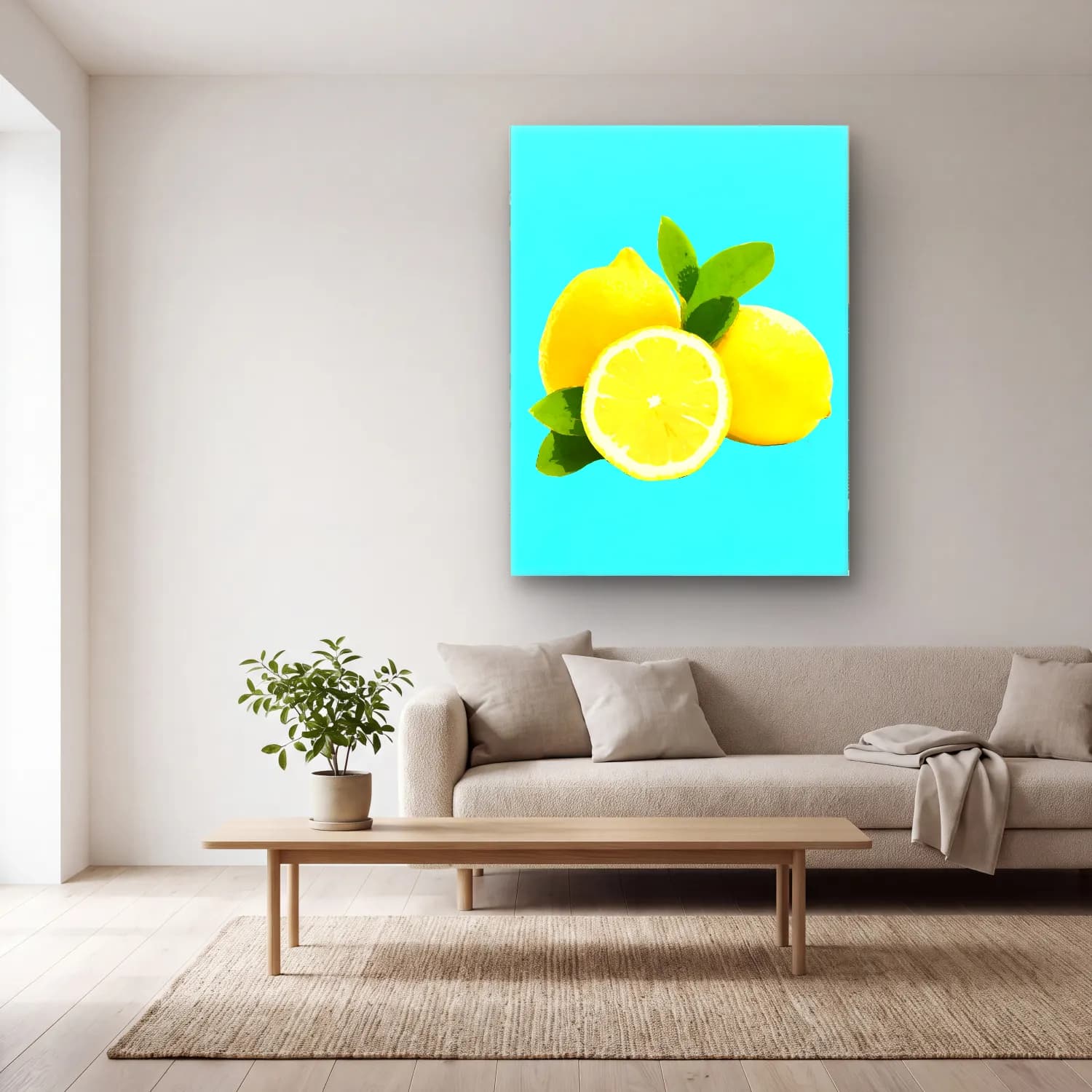 Pastel Limonlar No. 9 cam tablo — açık renk salonda