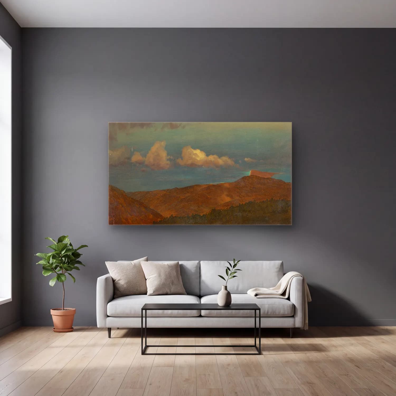 Frederic Edwin Church – Hilly Landscape cam tablo — gri duvarlı salonda