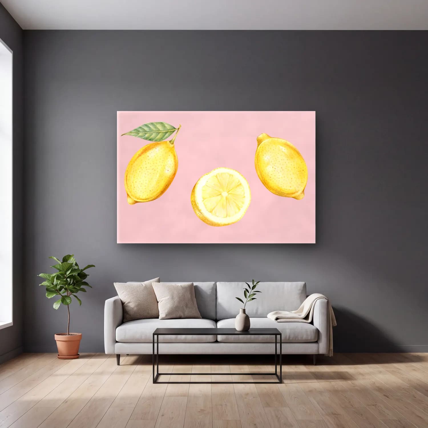 Botanik İllüstrasyon Limonlar No. 5 cam tablo — gri duvarlı salonda