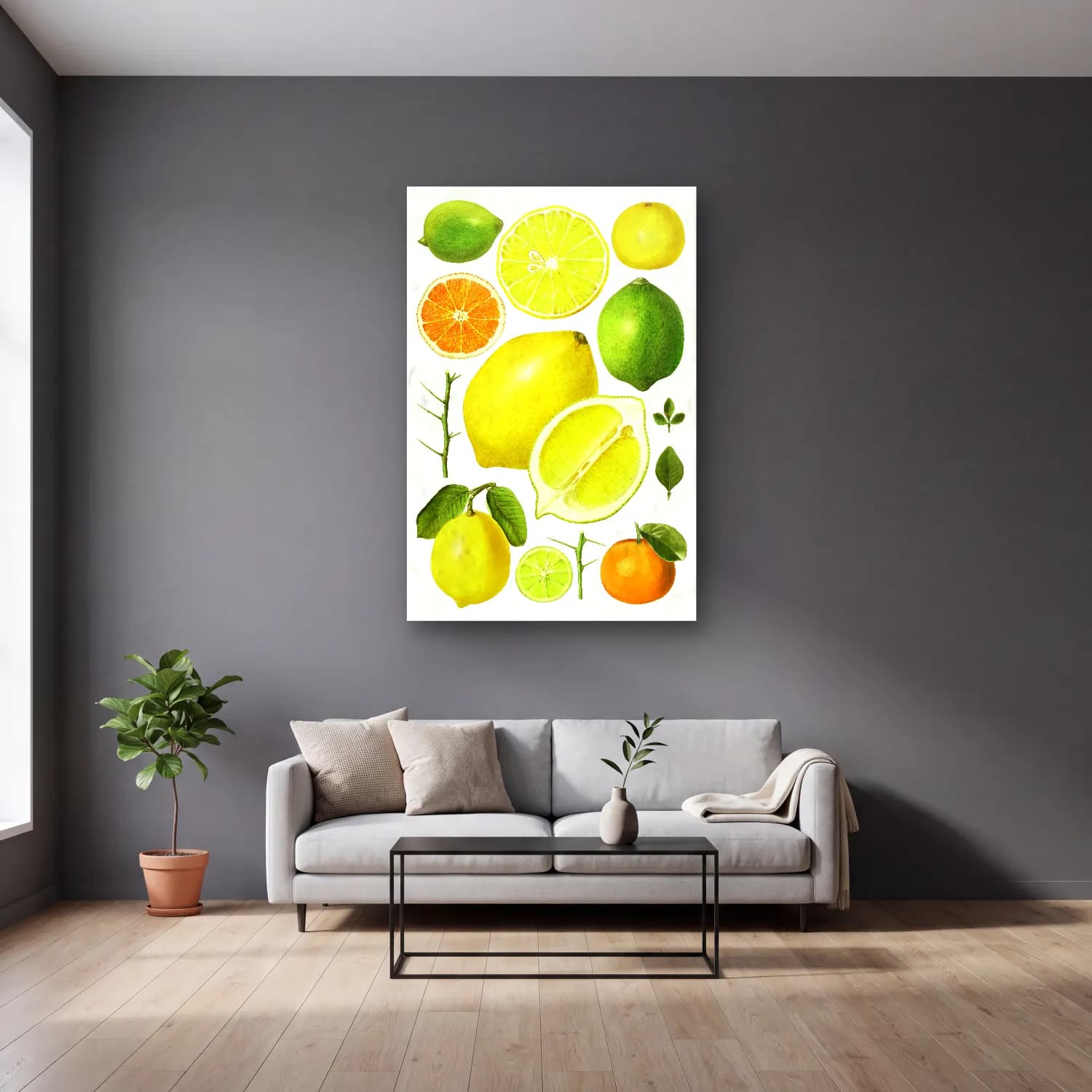 Botanik İllüstrasyon Limonlar No. 6 cam tablo — gri duvarlı salonda