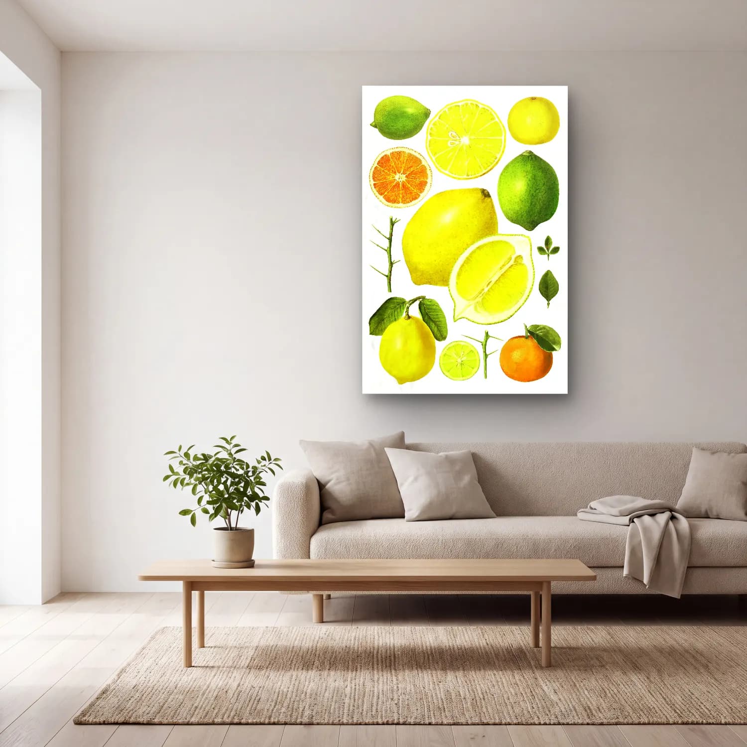 Botanik İllüstrasyon Limonlar No. 6 cam tablo — açık renk salonda
