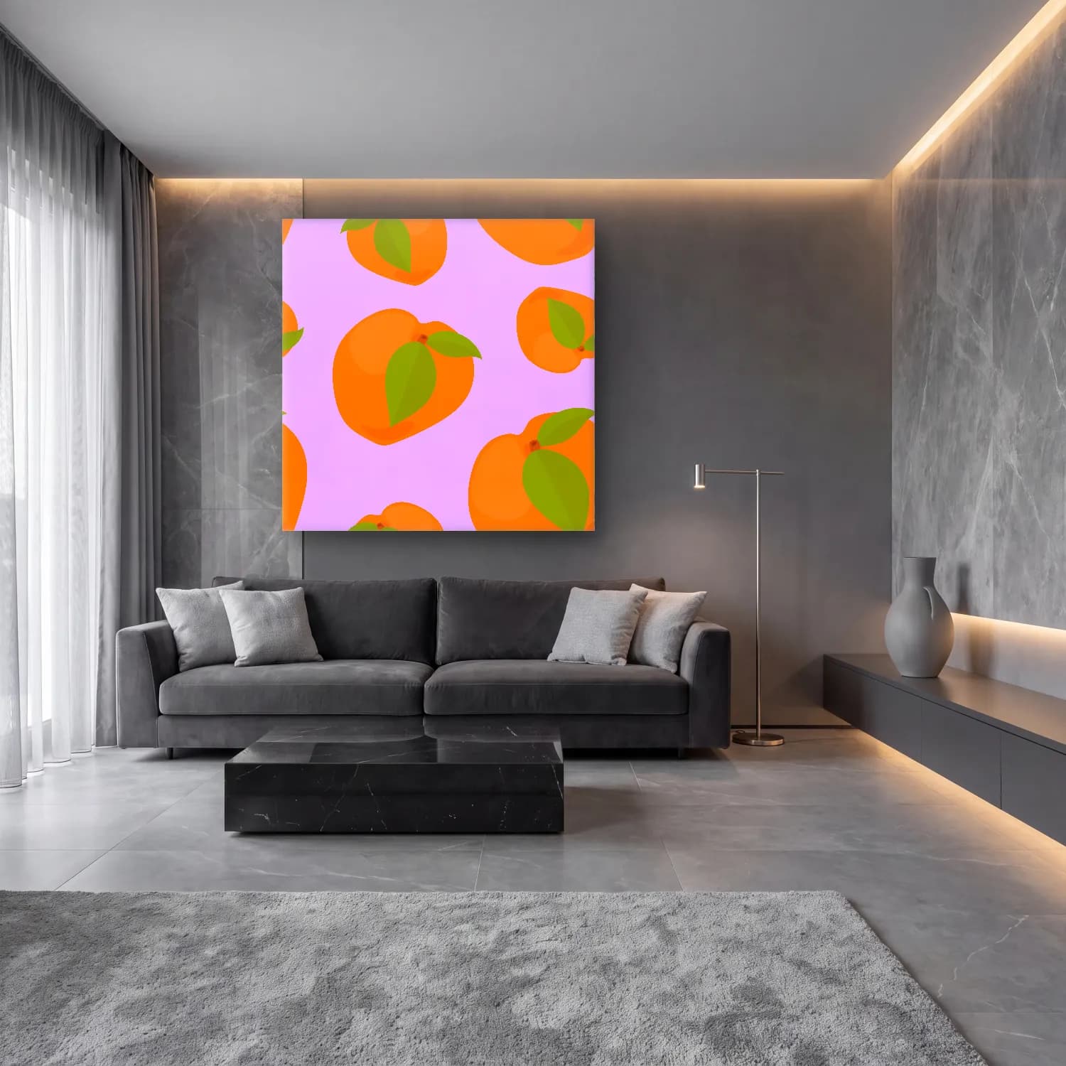 Pastel Portakallar No. 5 cam tablo — lüks salon duvarında