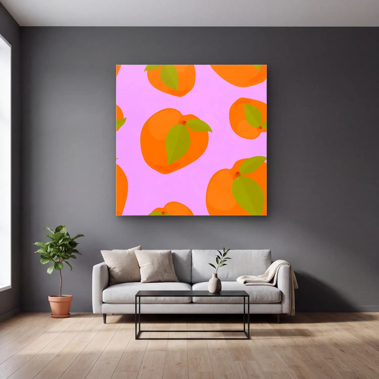 Pastel Portakallar No. 5 cam tablo — gri duvarlı salonda