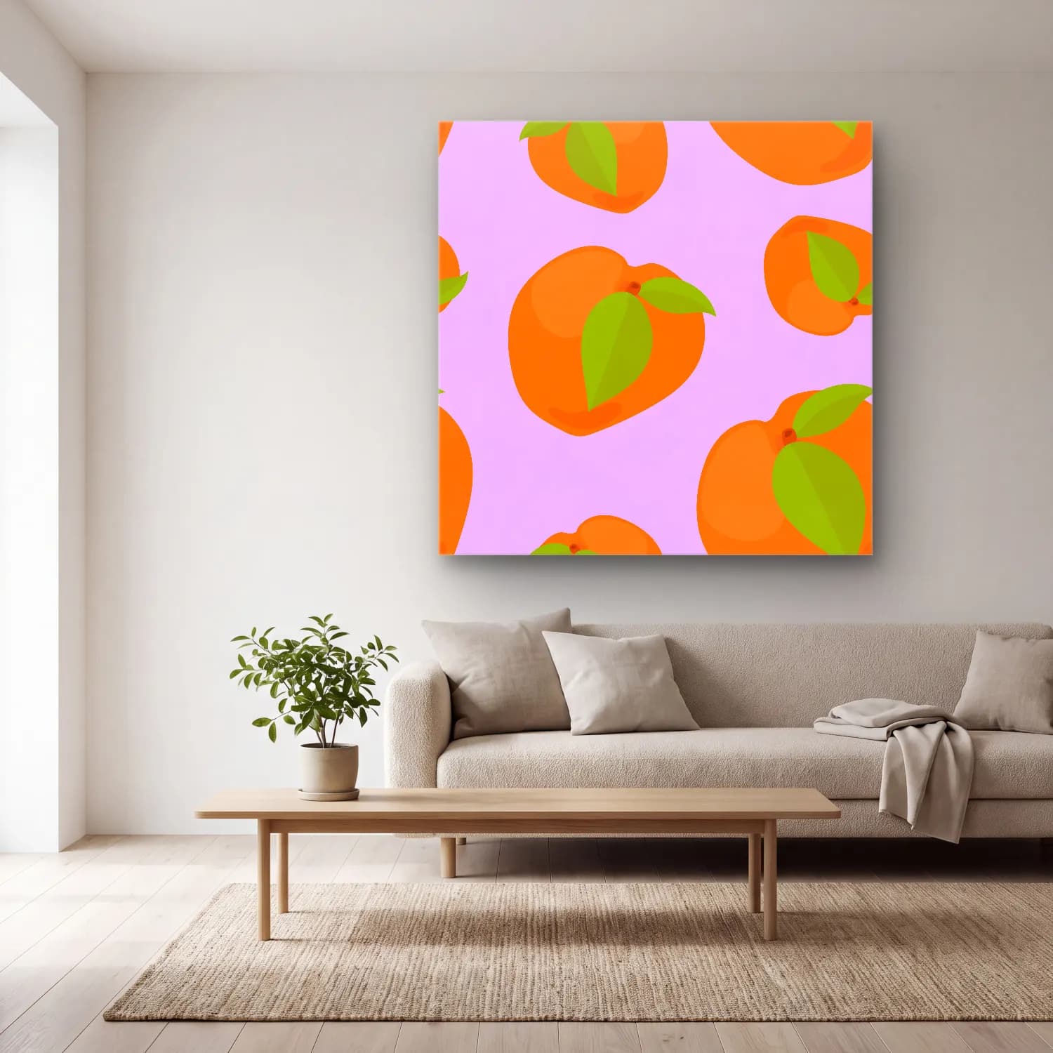 Pastel Portakallar No. 5 cam tablo — açık renk salonda