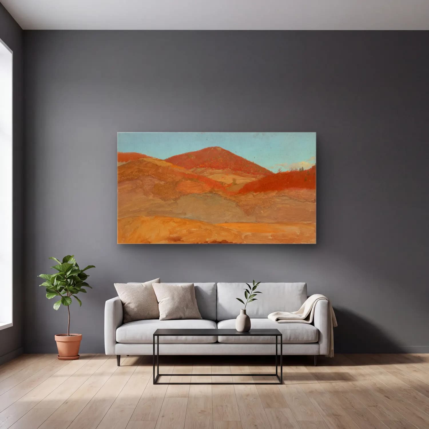 Frederic Edwin Church – Hilly Landscape, autumn cam tablo — gri duvarlı salonda