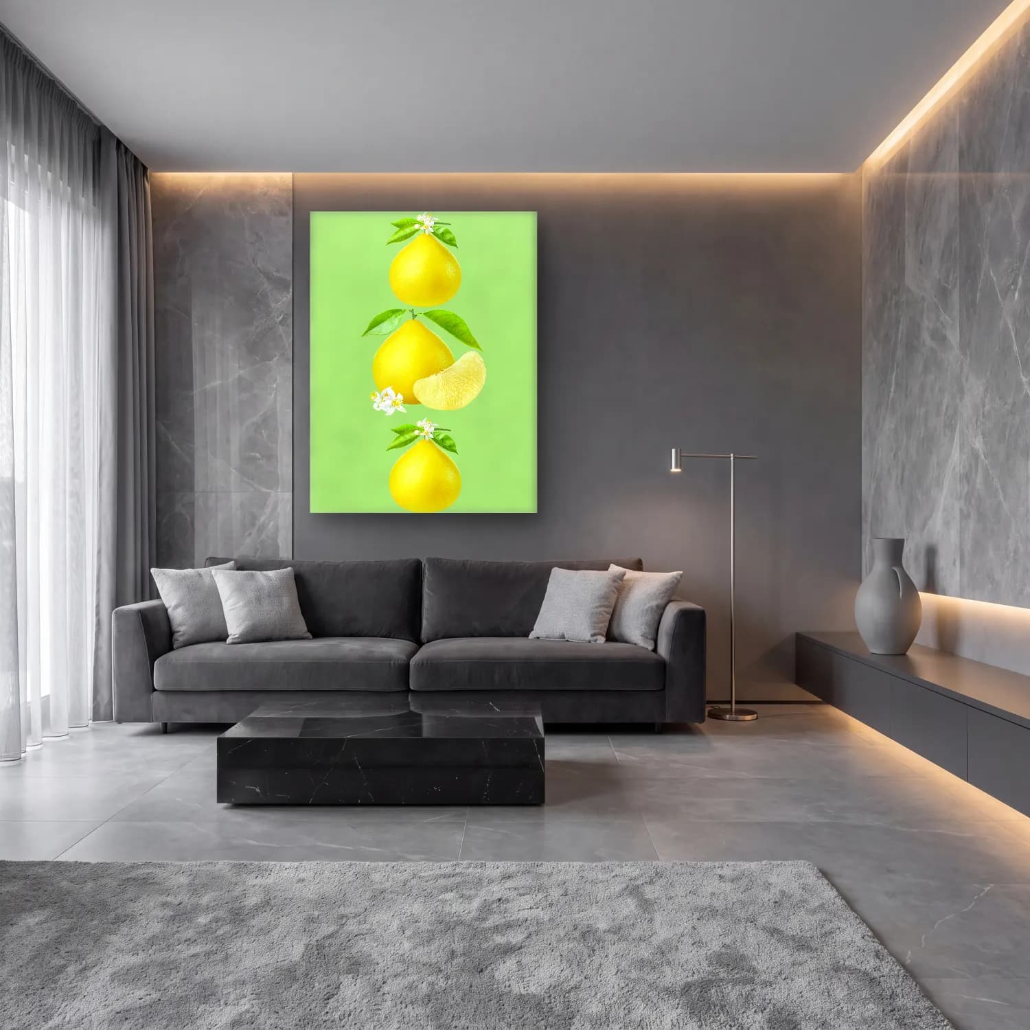 Pastel Limonlar No. 15 cam tablo — lüks salon duvarında