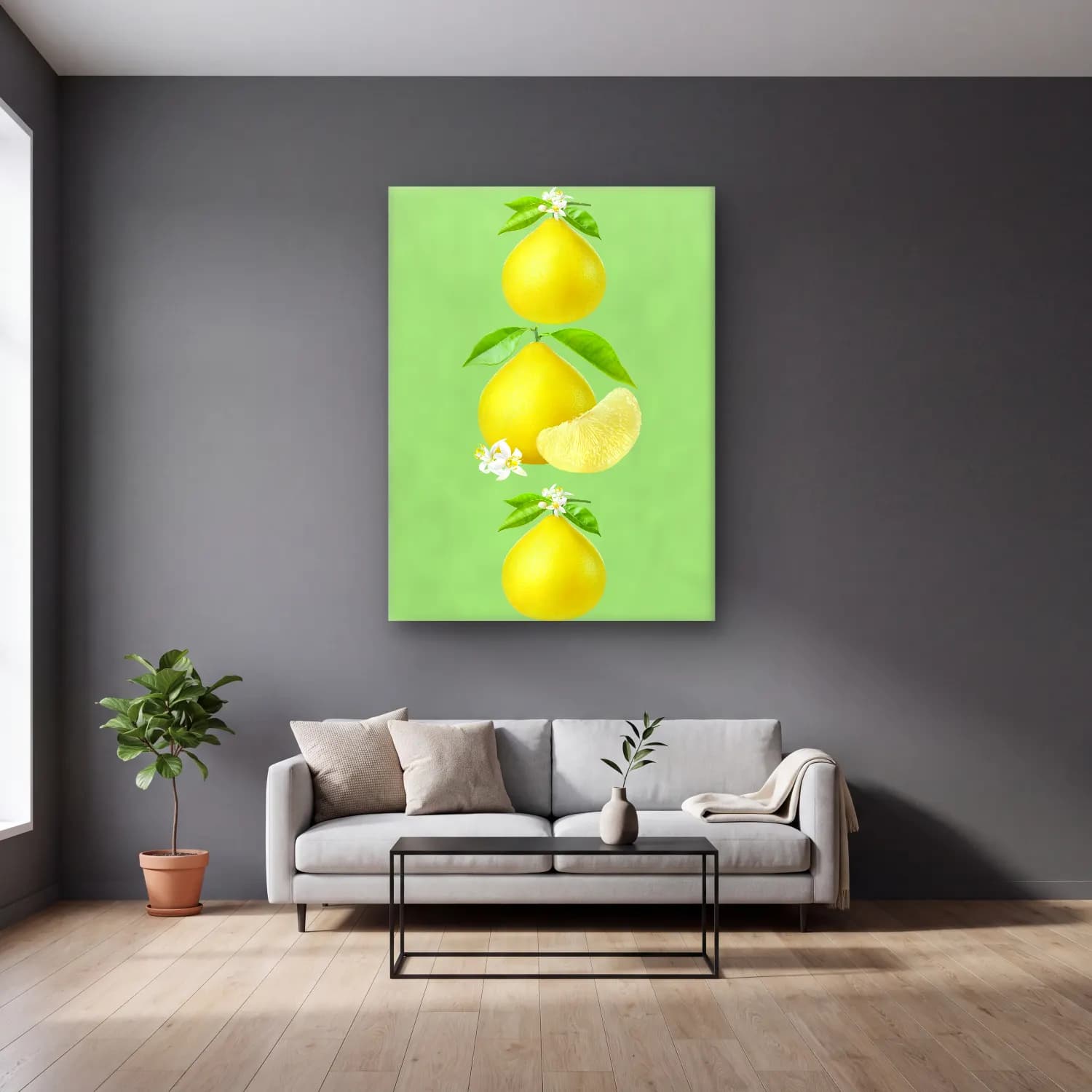 Pastel Limonlar No. 15 cam tablo — gri duvarlı salonda