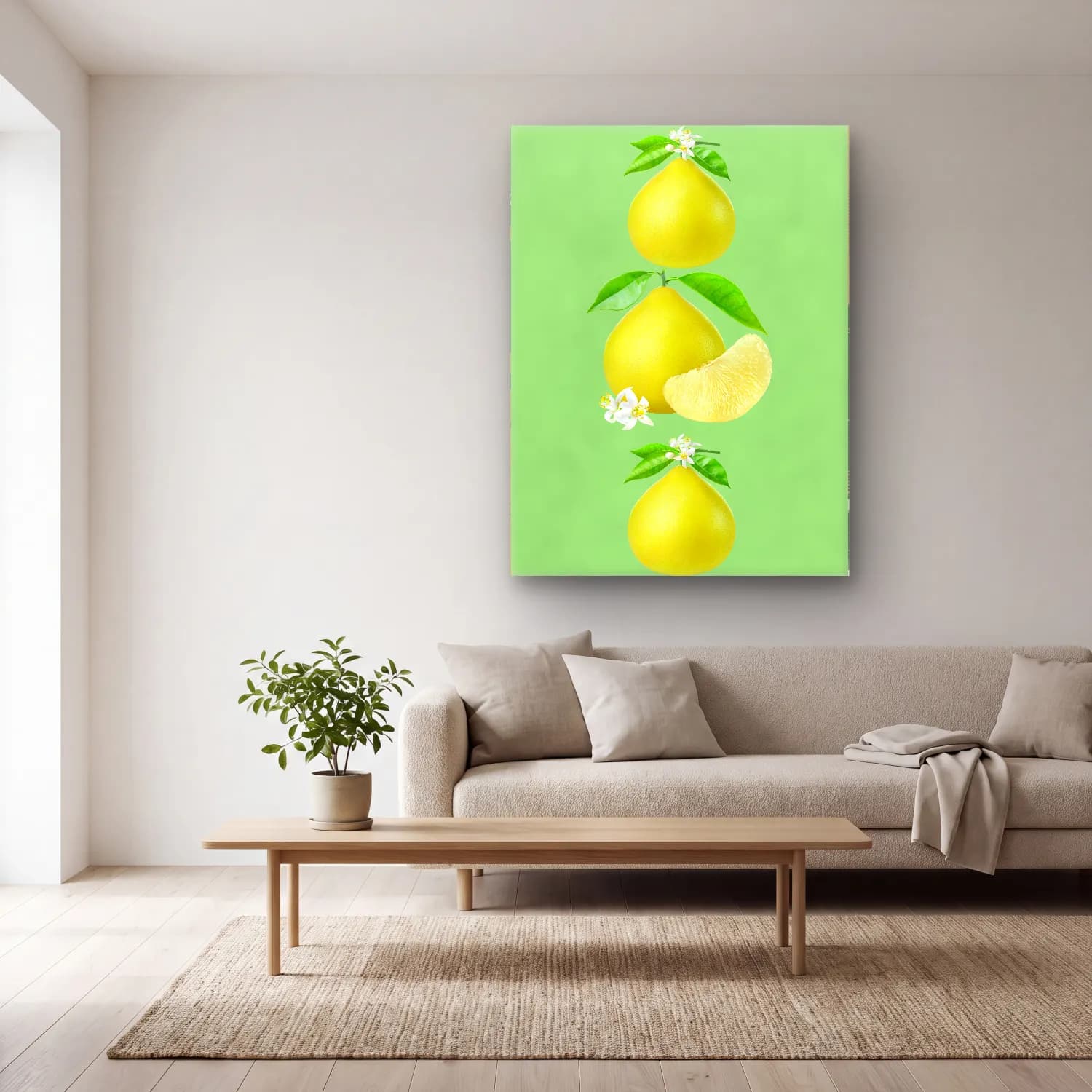 Pastel Limonlar No. 15 cam tablo — açık renk salonda