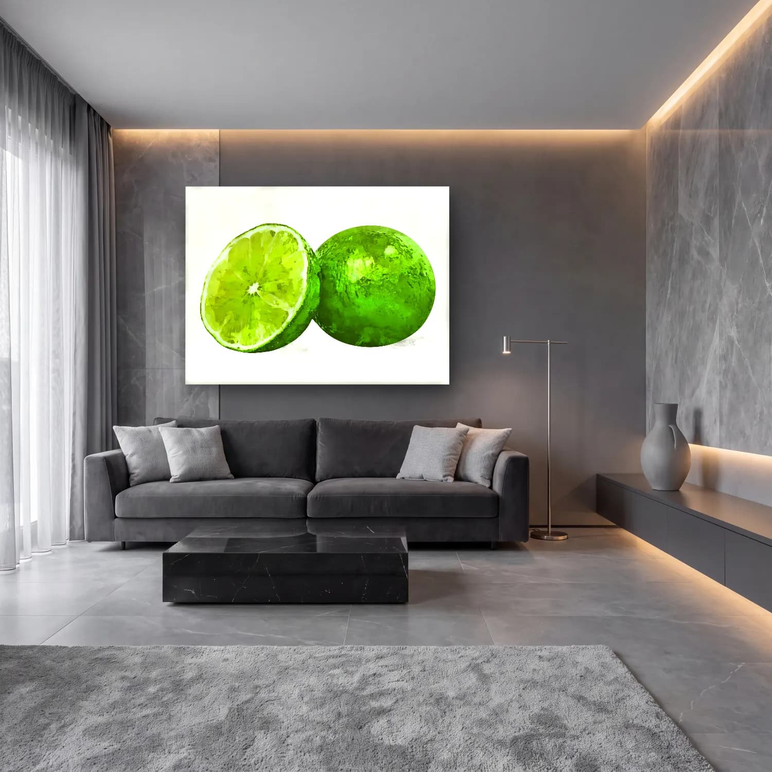 Suluboya Limonlar – Yeşil Tonlar cam tablo — lüks salon duvarında